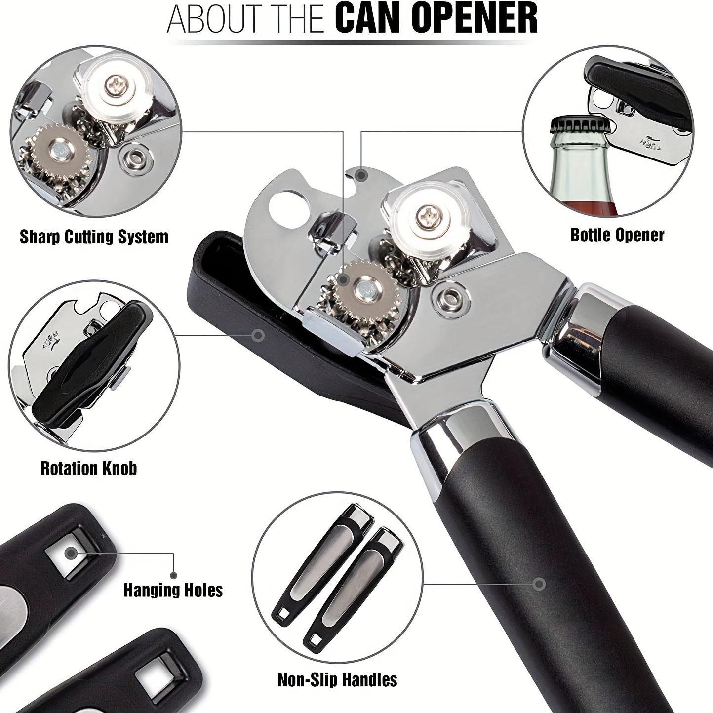 Can Opener Manual, Stainless Steel Bottle Opener, Good Grips Can Opener,  Easy Turn Safety - Black