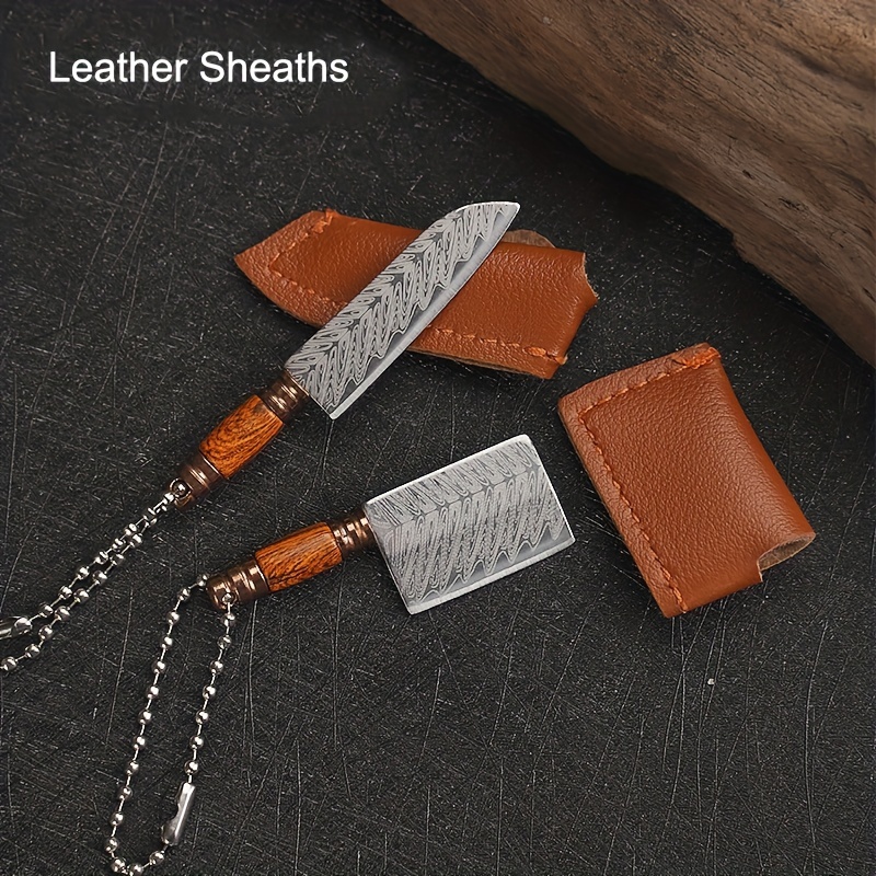 Handmade Miniature Kitchen Knife Damascus Steel Small Knife Box Package  Opener Pendant With Leather Sheath 