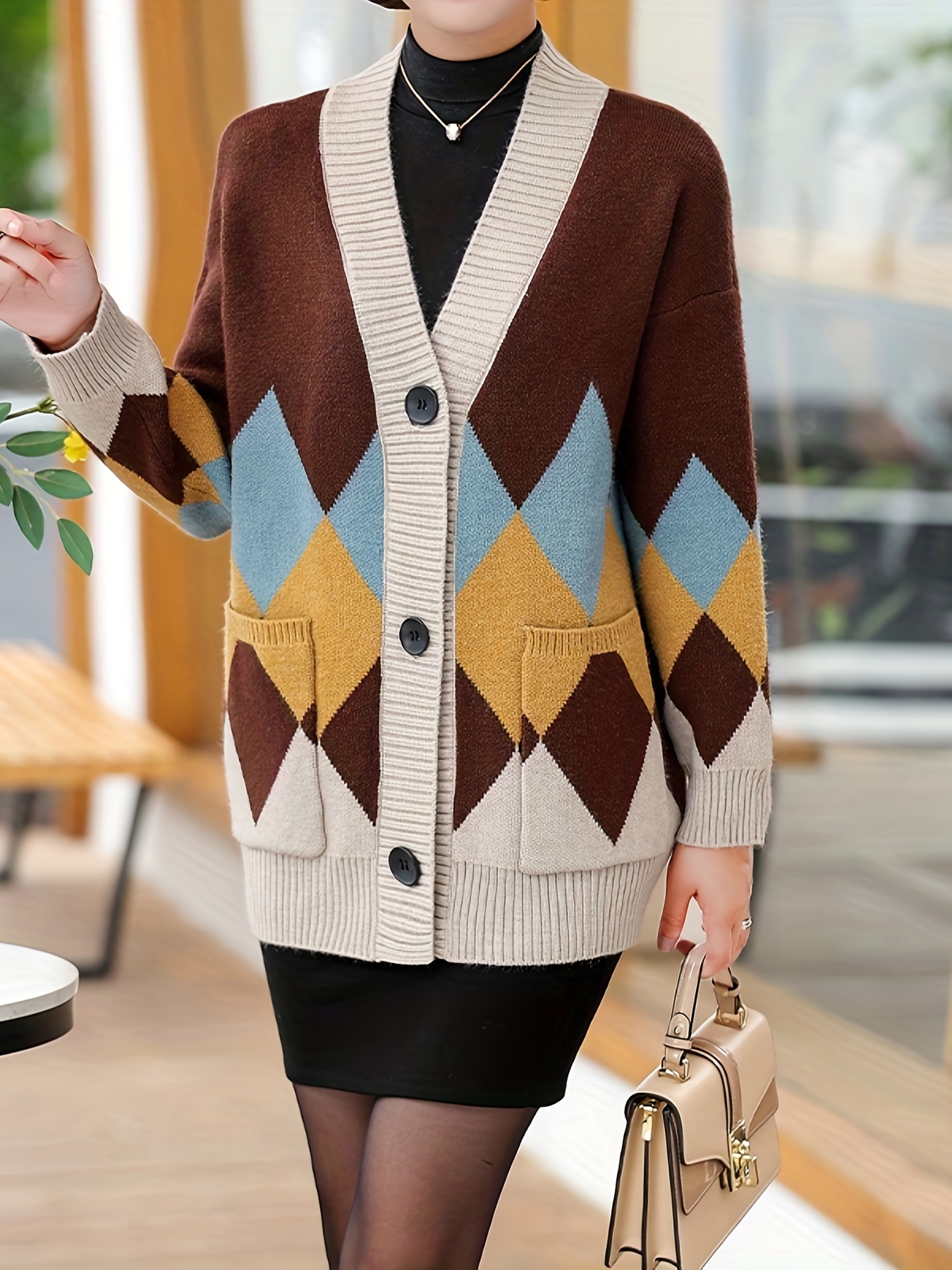 Argyle Pattern Long Sleeve Cardigan Button Loose Casual Temu