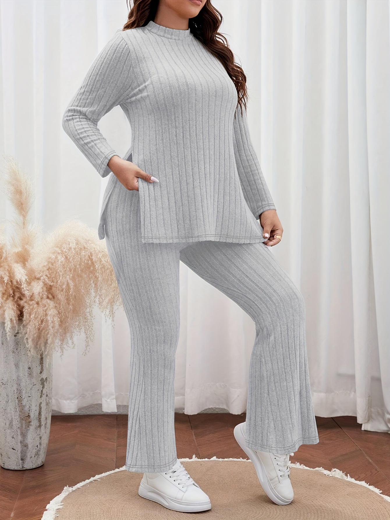 Women's Casual Loungewear Set Plus Size Solid Long Sleeve - Temu