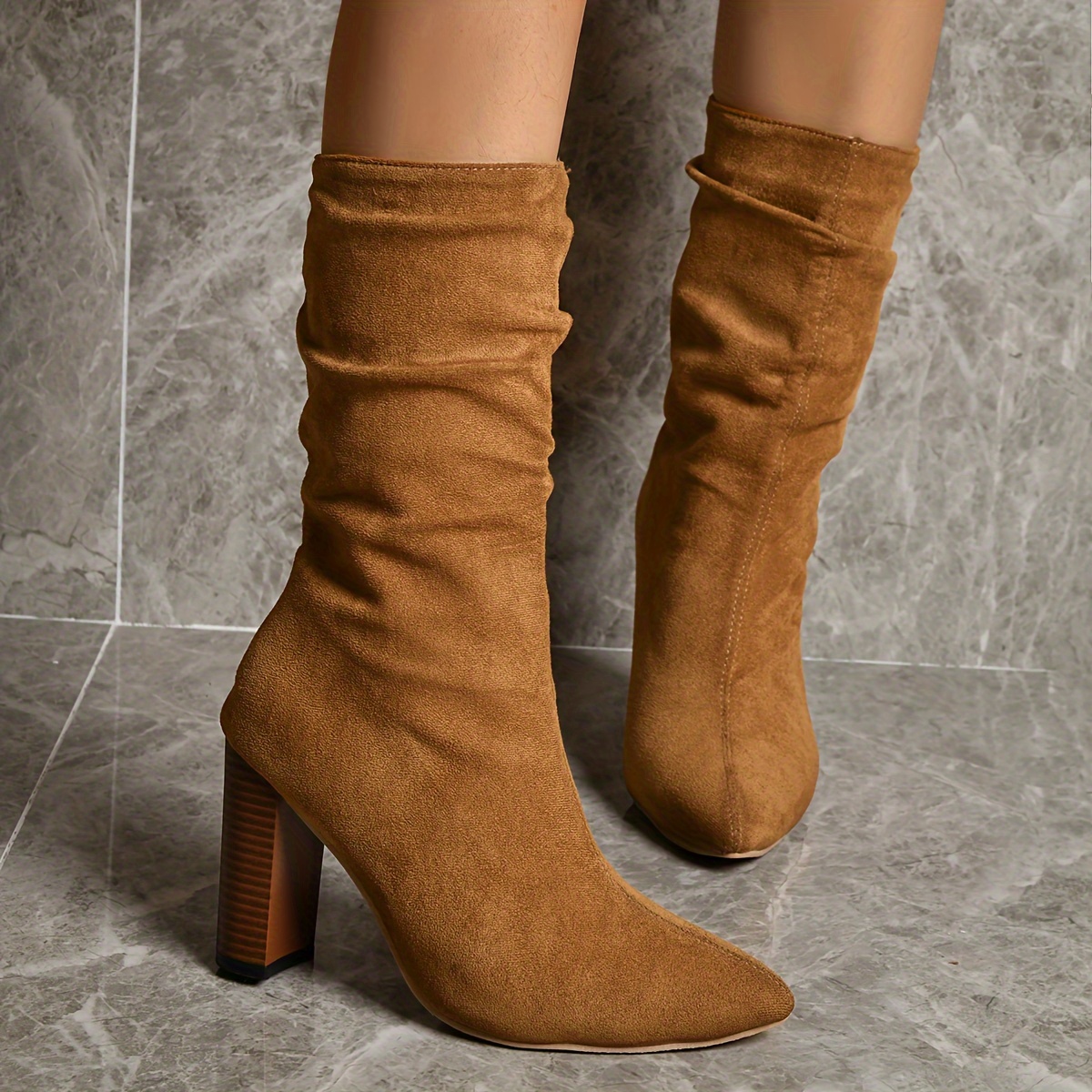 Tan calf 2025 length heeled boots