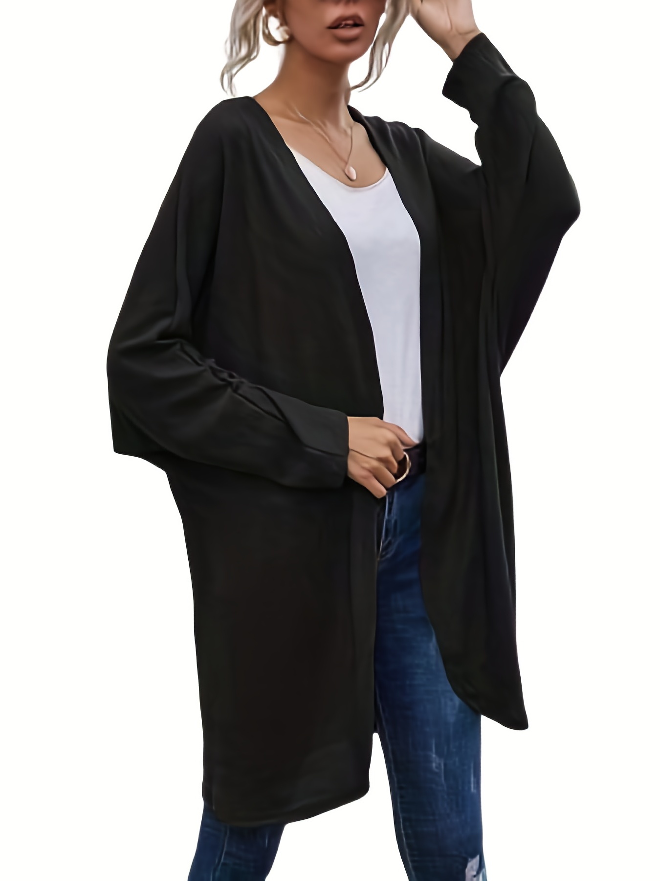 Solid Open Front Knit Cardigan Casual Batwing Sleeve - Temu