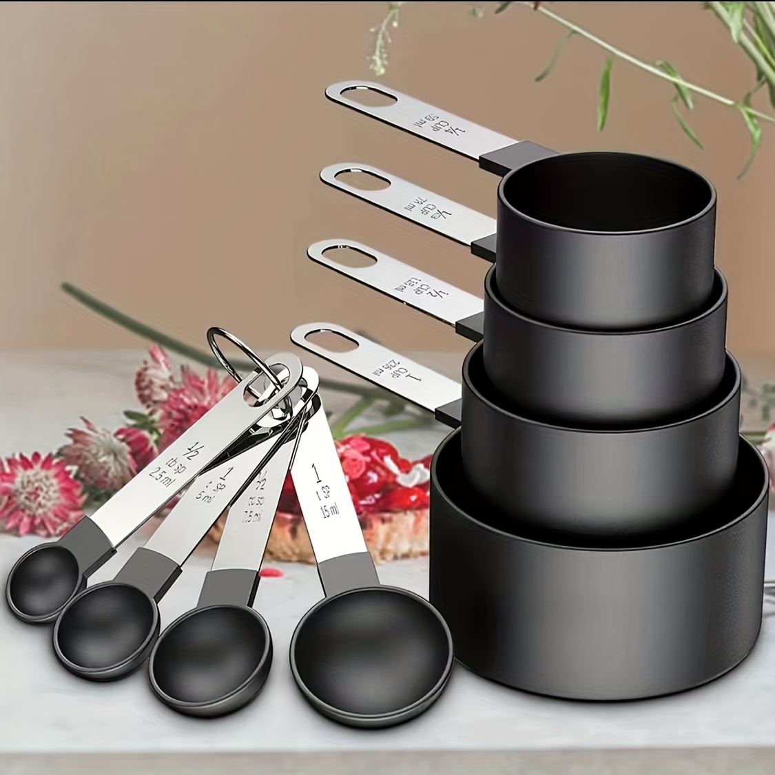 Cook with Color 8-Piece Measuring Cups and Measuring Spoon Set - Stainless Steel Liquid Measuring Cup Set or Dry Measuring Cups Set (Black)