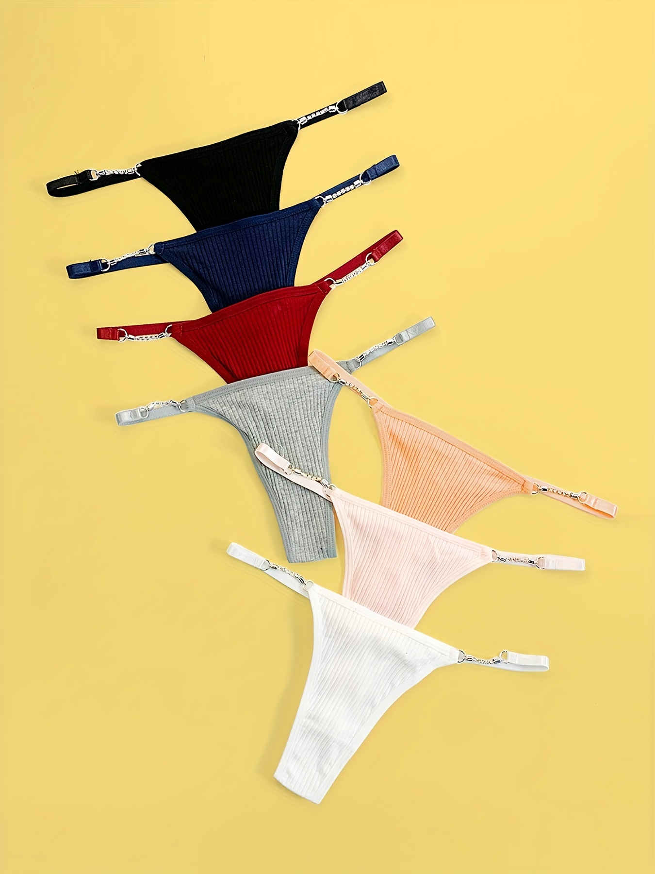 7 Pcs Ribbed Knit Thongs, Low Waist Elastic Chain Linked Thong Panties,  Women's Lingerie & Underwear