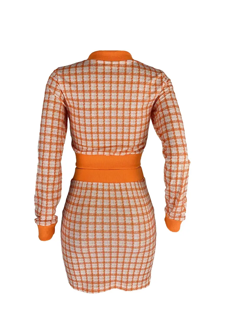 elegant plaid matching two piece set crop zip up jacket bodycon skirt outfits womens clothing details 27