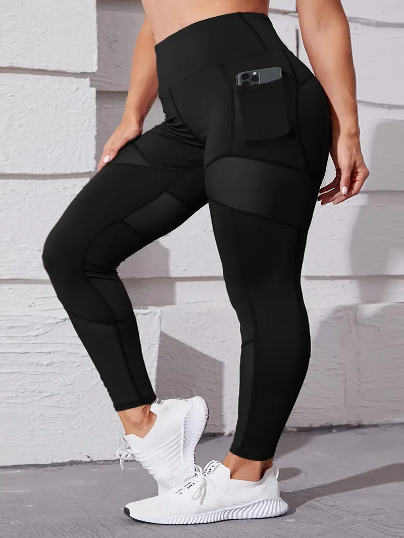 Plus Size Sports Leggings, Women's Plus Solid Pipping Contrast Mesh High  Rise Medium Stretch Skinny Leggings With Phone Pocket - Temu Germany