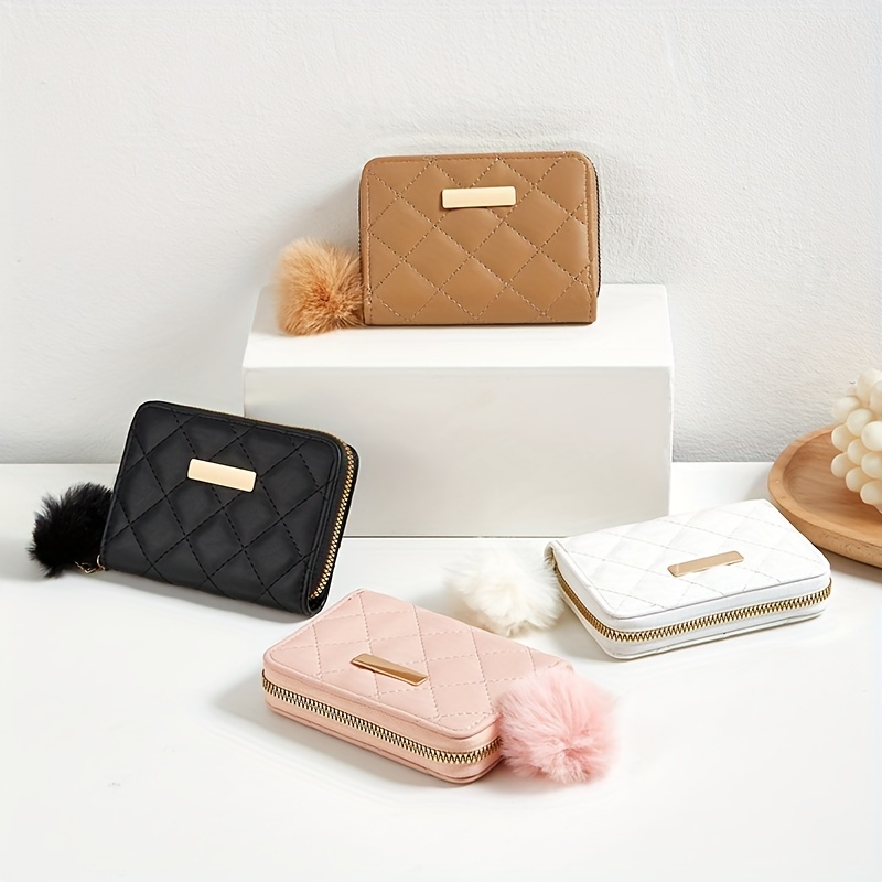 

Simple Solid Color Coin Purse, Casual & Lightweight Card Holder, Portable Clutch Bag With Pom Pom Decor