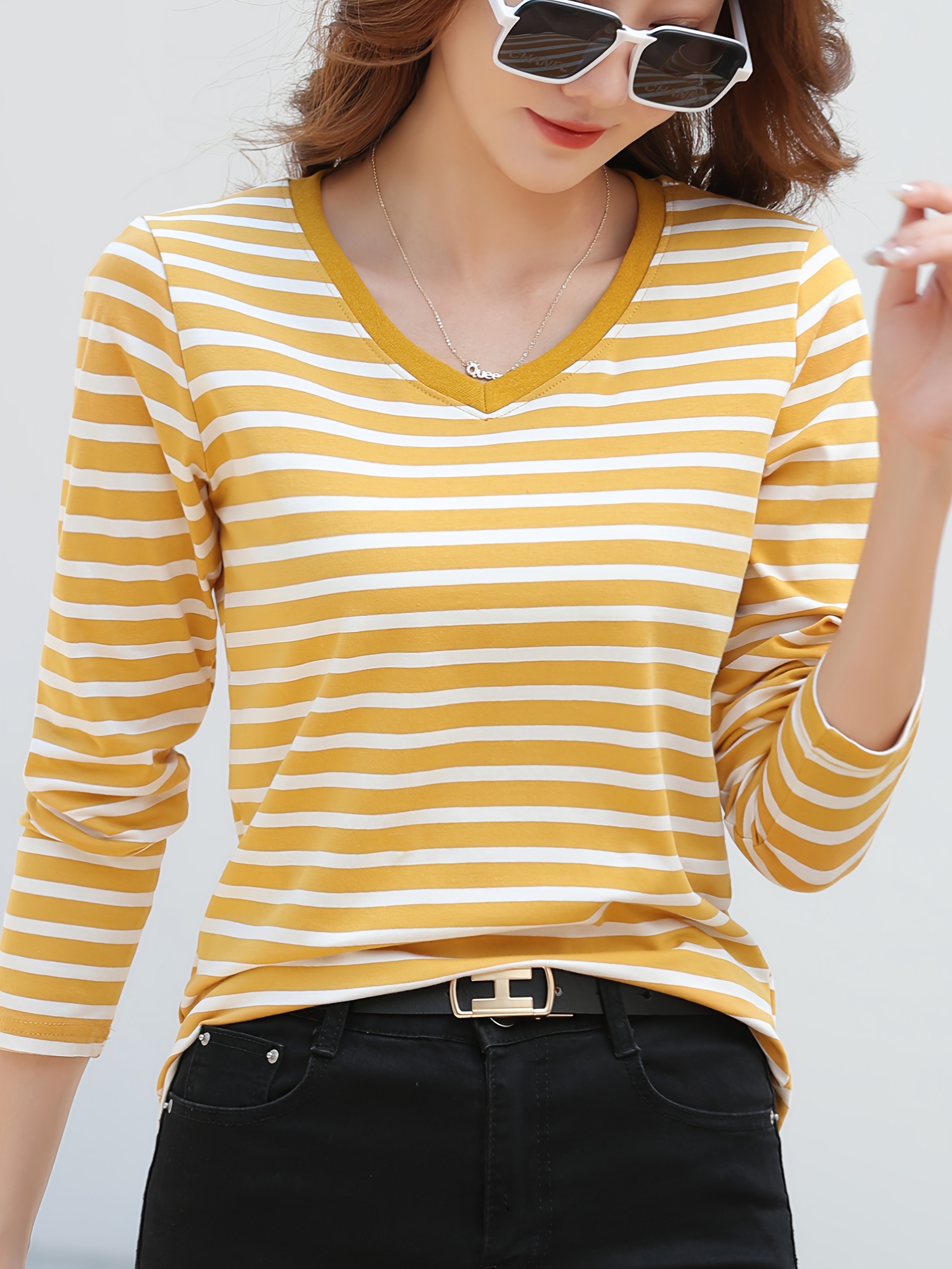 striped long sleeve t shirt v neck casual top for spring fall womens clothing yellow 2