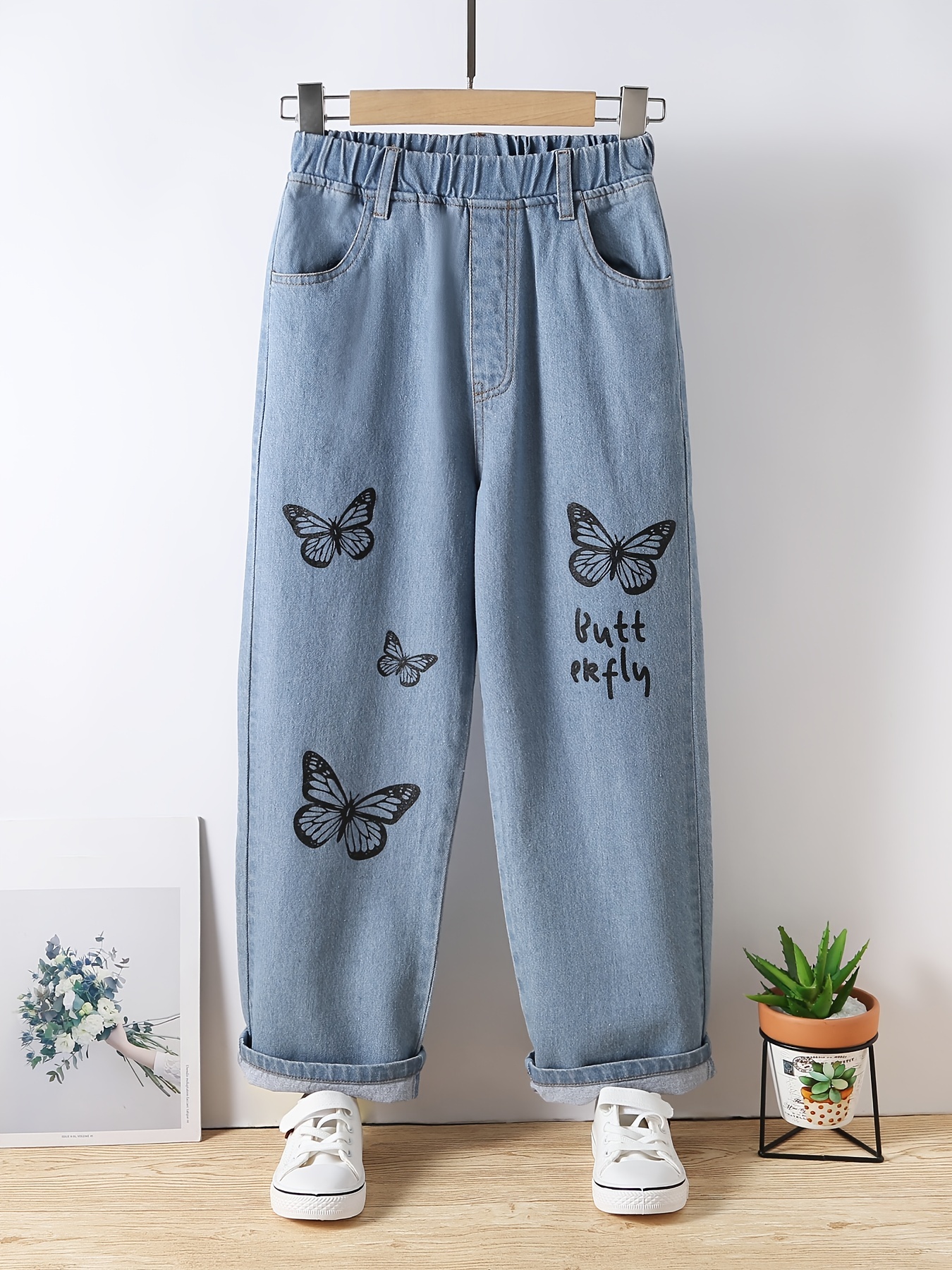 Girls Butterfly Graphic Pocket Casual Sports Loose Elastic Waist Wide Leg  Jeans Kids Spring Summer Clothes