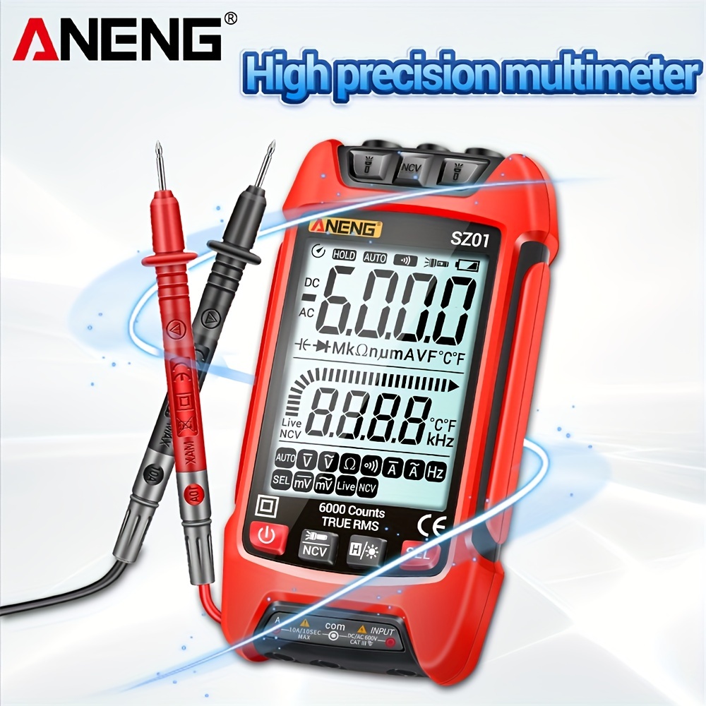 1pc aneng sz01 smart digital multimeter 6000 counts true rms auto electrical meter ncv resistance transistor hz testers details 6