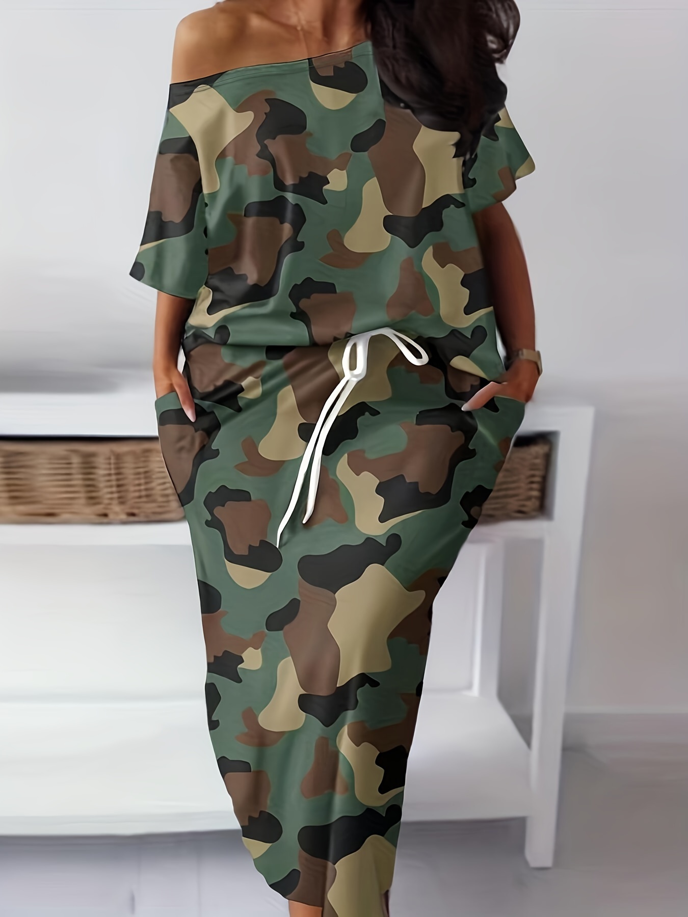Camouflage Print Split High Waist Skirts Zipper Elastic - Temu