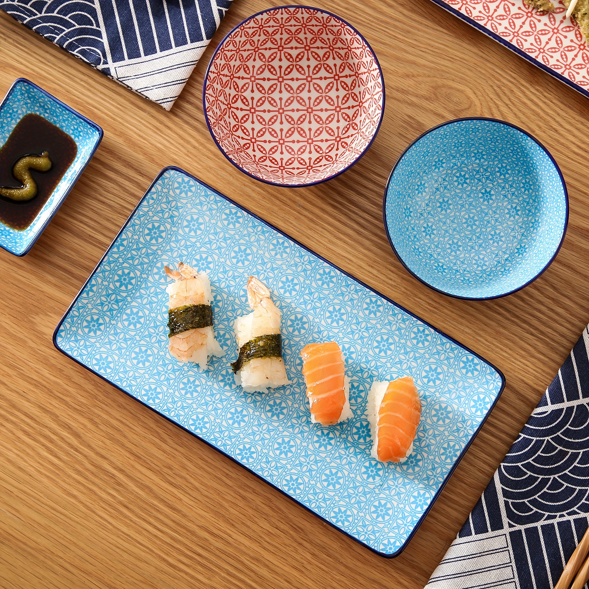 8 Pcs Japanese Style Ceramic Blue Sushi Serving Set, Porcelain Sushi Plate  Set For 2, Including Sushi Platters | Sushi Bowls | Dip Bowls | Chopsticks