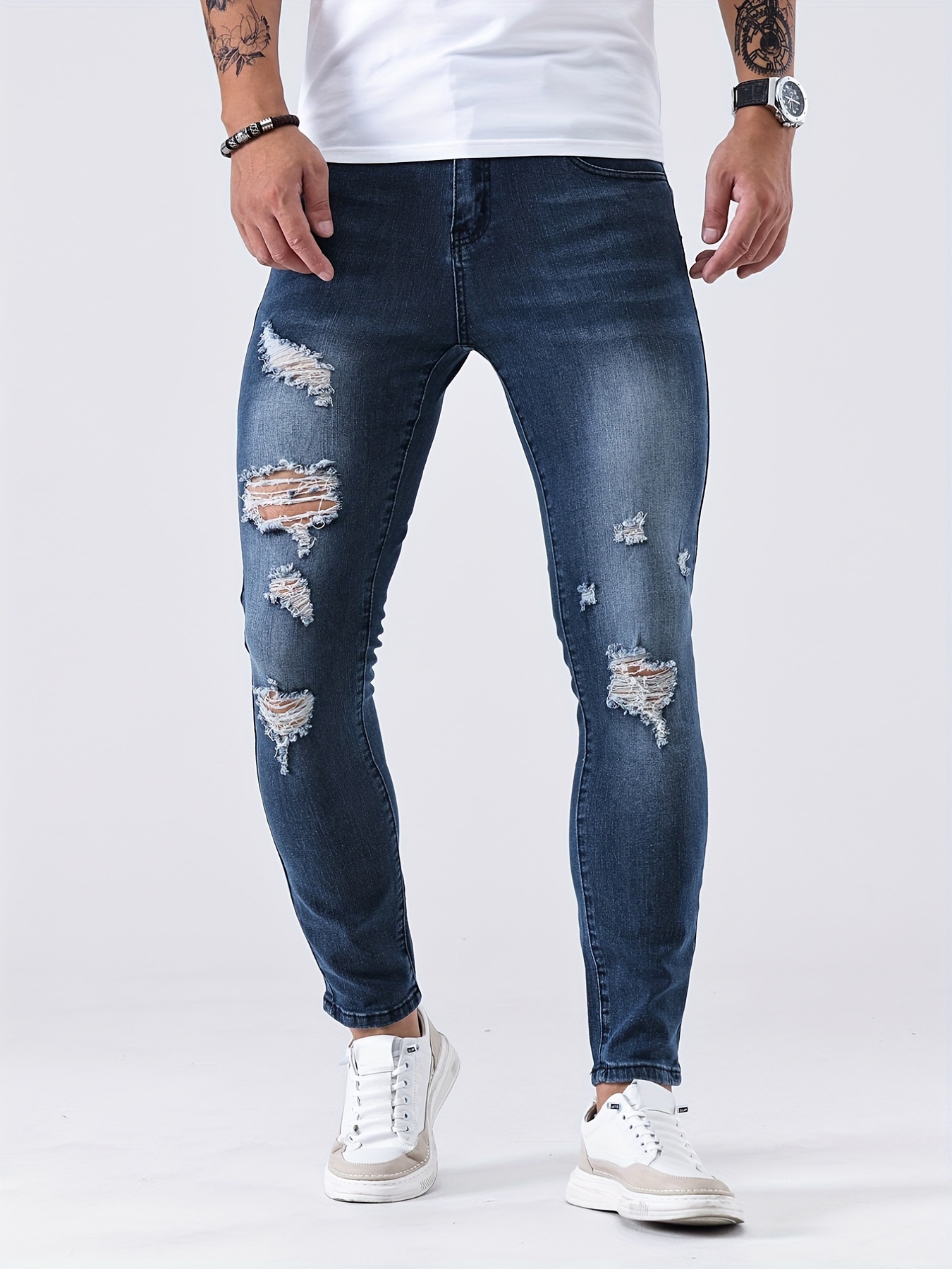 Men's Skinny Stretch Slim Fit Ripped Distressed Jeans - Temu