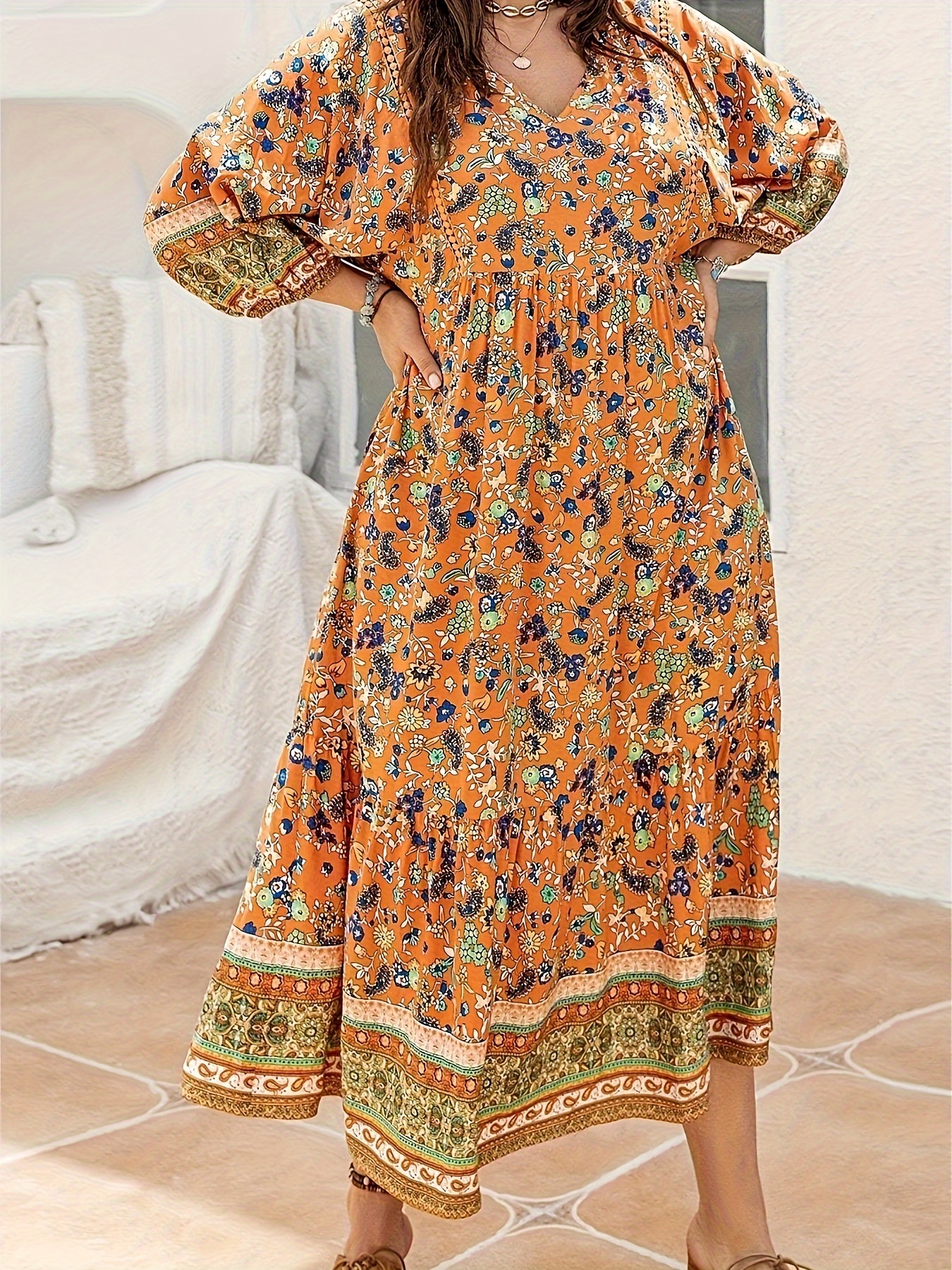 Plus Size Boho Dress Women's Plus Colorblock Floral Print - Temu