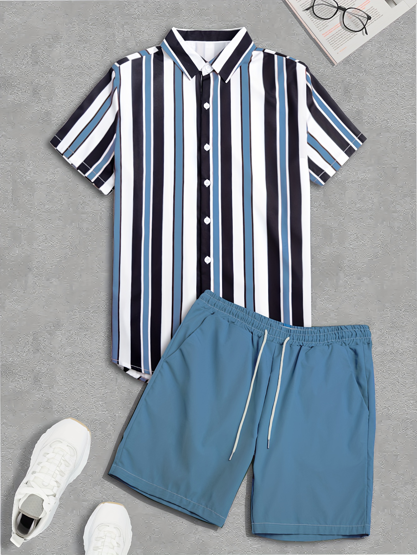 Men's Outfits Strip Print Button Shirt Drawstring Shorts Set - Temu