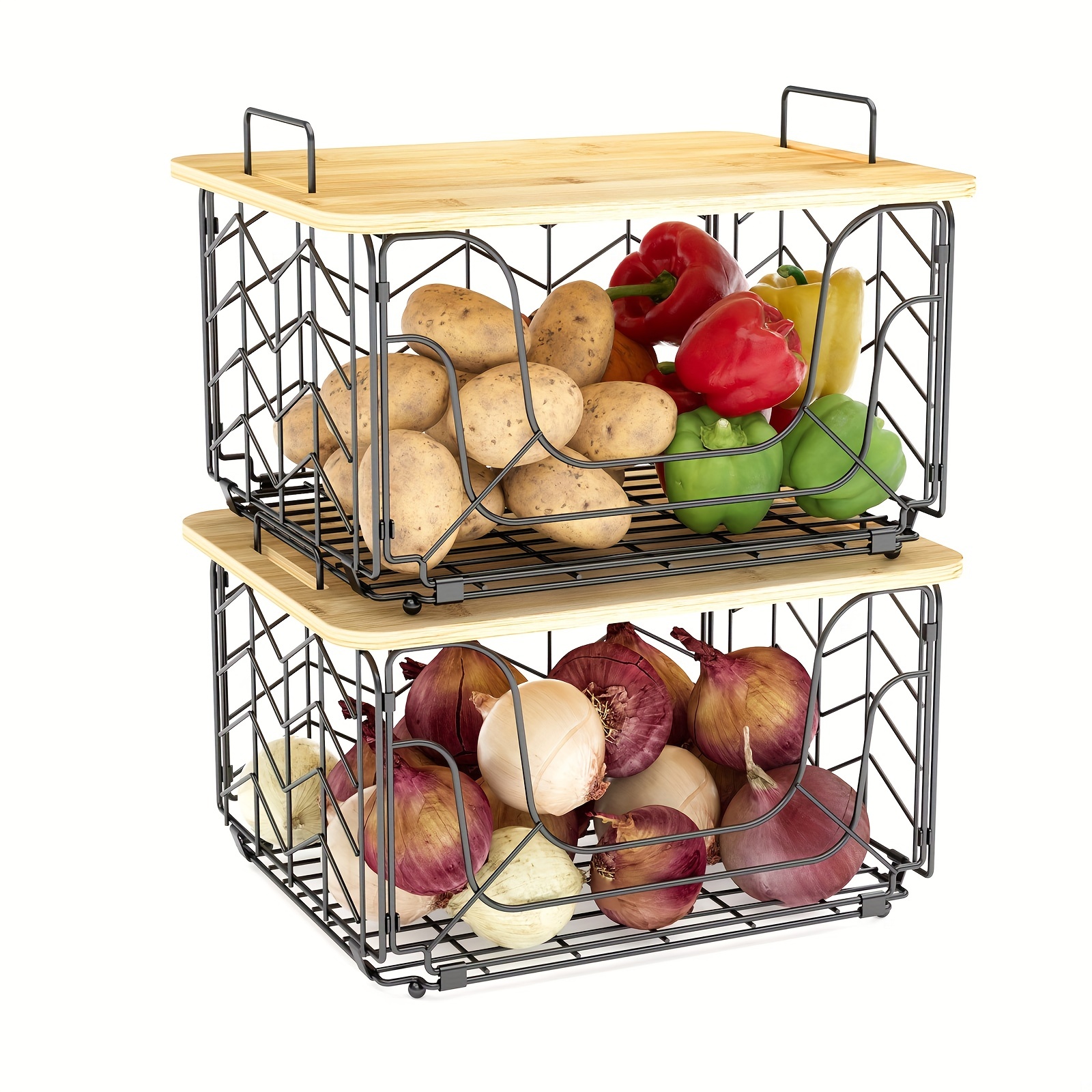 Kitchen Storage Basket With Bamboo Board Large Capacity - Temu