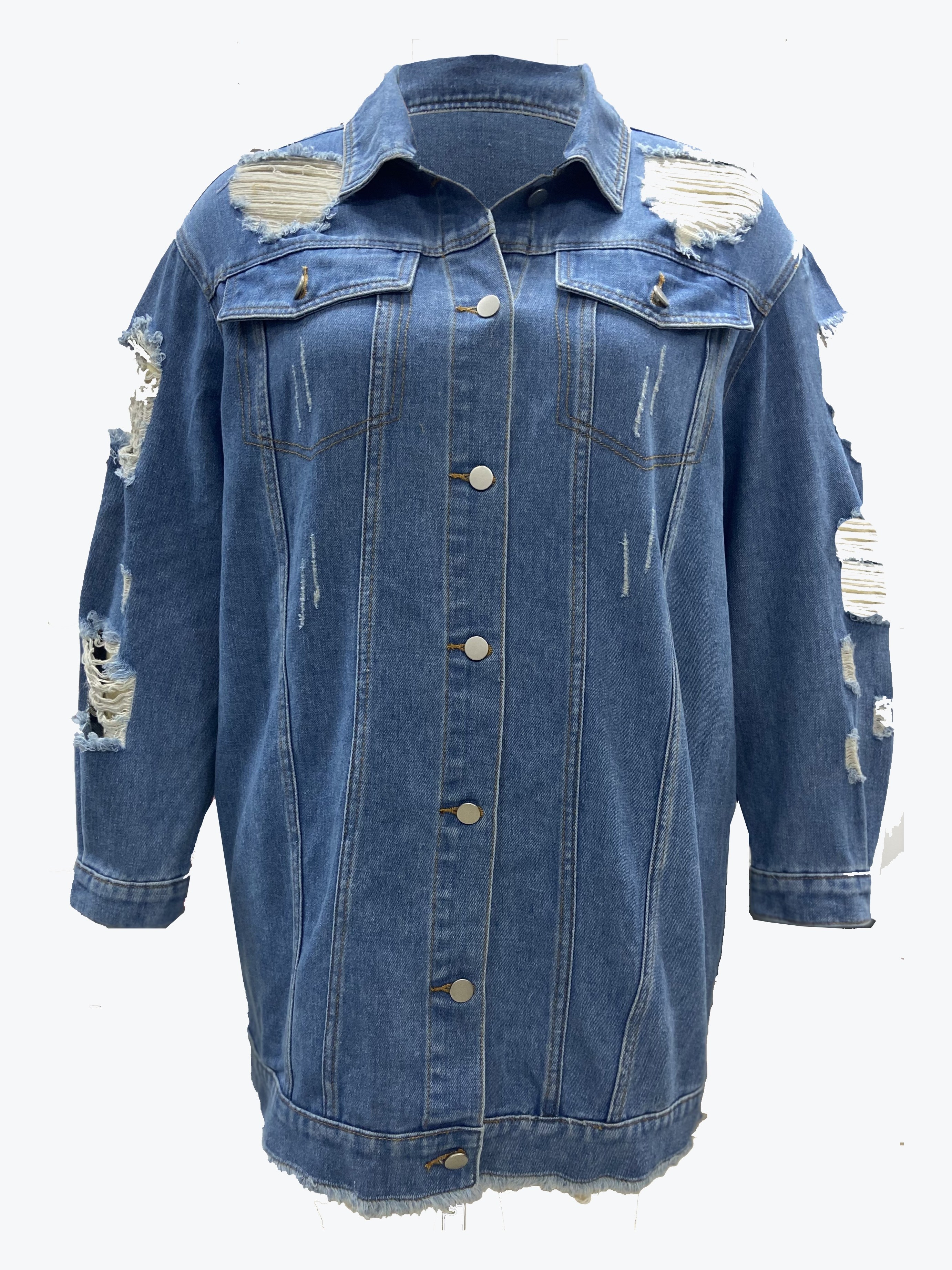 Plus Size Casual Denim Jacket, Women's Plus Ripped Trim Button Up Turn Down  Collar Denim Jacket With Flap Pockets - Temu South Korea