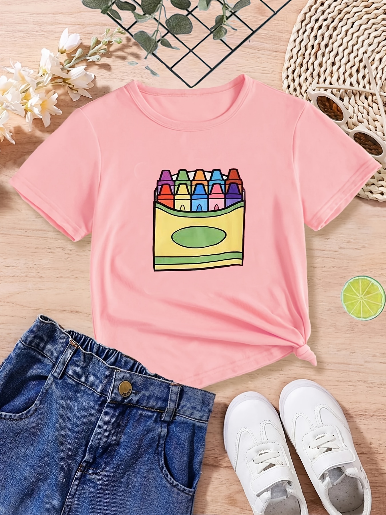  Crayola Camiseta de manga corta con cuello redondo para niña,  Verde/Crayón : Ropa, Zapatos y Joyería