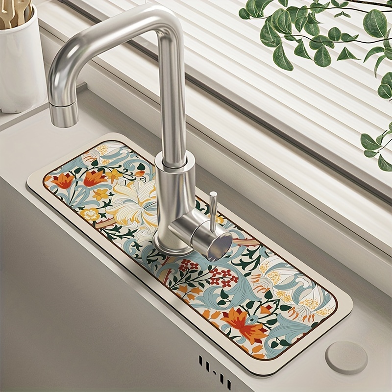 

1pc Floral Sink Faucet Absorbent Mat, Drainage Pad, Kitchen, Bathroom Sink, Countertop, Drain Pad, Diatomaceous Mud Washbasin, Cuttable, Quick Drying Pad