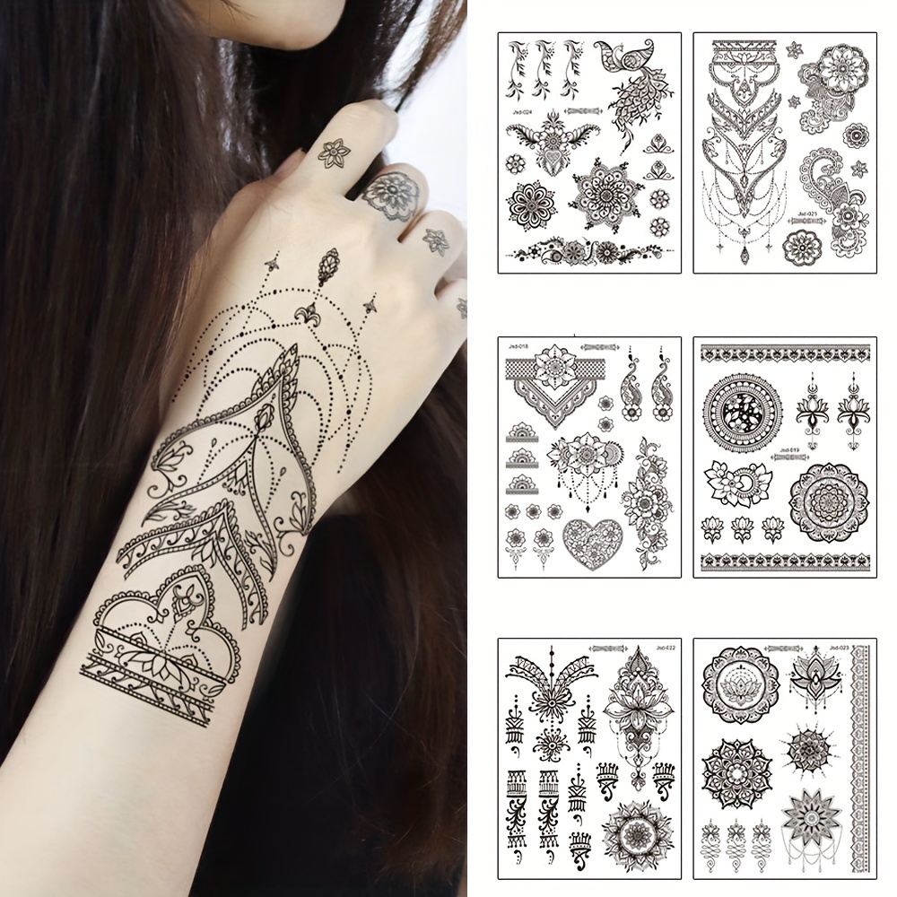 Impermeável Tatuagem Temporária Etiqueta Borboleta Lotus Lace Henna Flor  Flash Tatto Mulheres Homens Pintados À Mão Body Art Falso Tatuagens