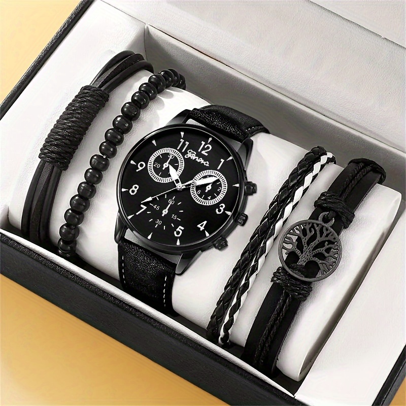 4pcs Set Fashion Mens Business Casual Quartz Watch Brown Bracelet