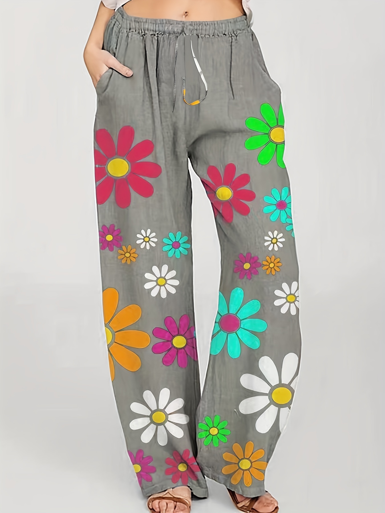 Women's Loose Pants Floral Print Drawstring Casual Wide Leg Pants