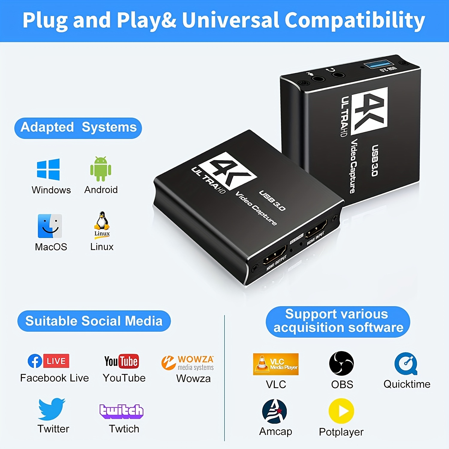 4K Audio Video Capture Card, USB 3.0 HDMI Video Capture Device Full HD