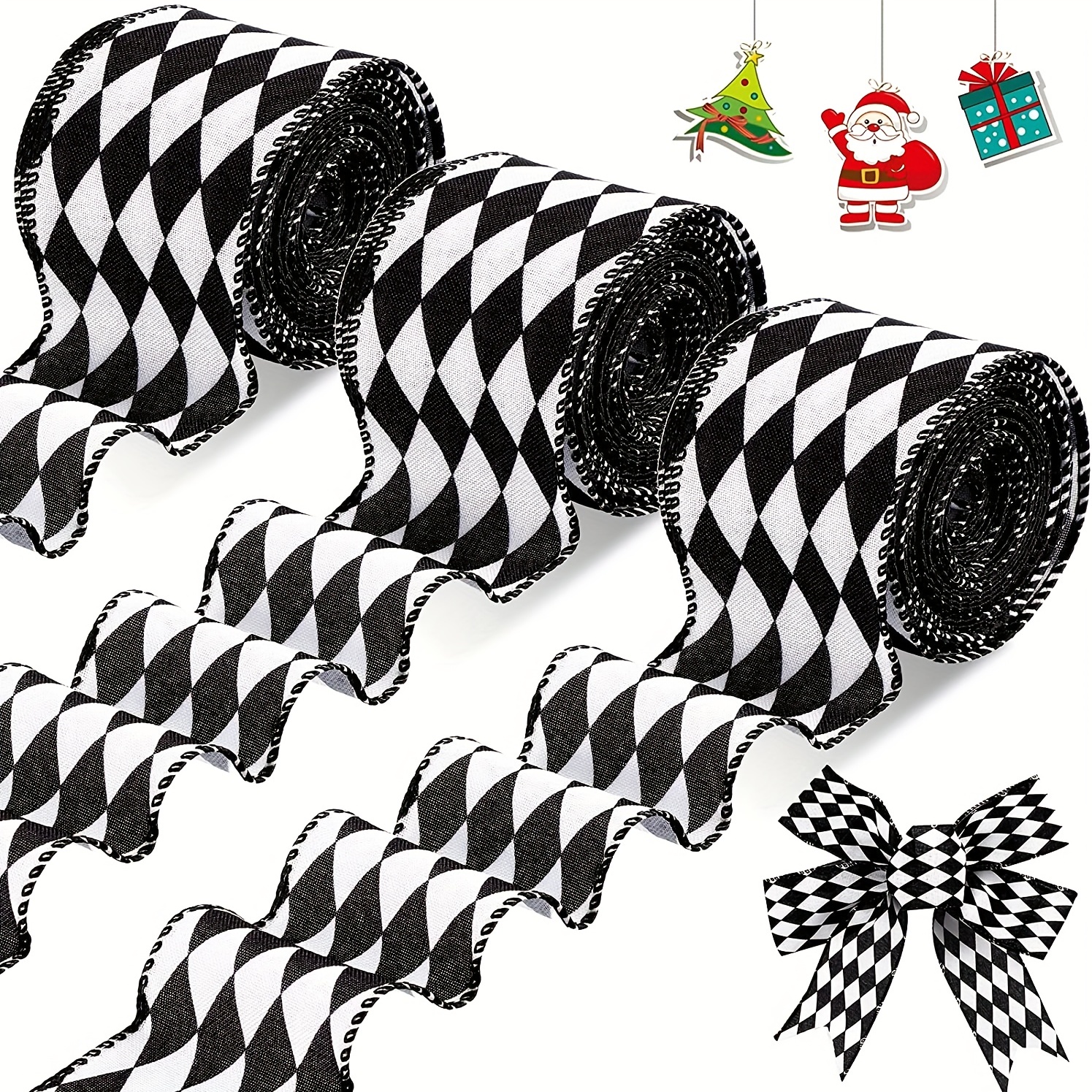 1 Roll 2.5 Inch X 5 Yards Christmas Checkered Ribbon Black And White Check  Ribbon Diamond Check Wired Edge Ribbon Diamond Pattern Decorative Ribbons F