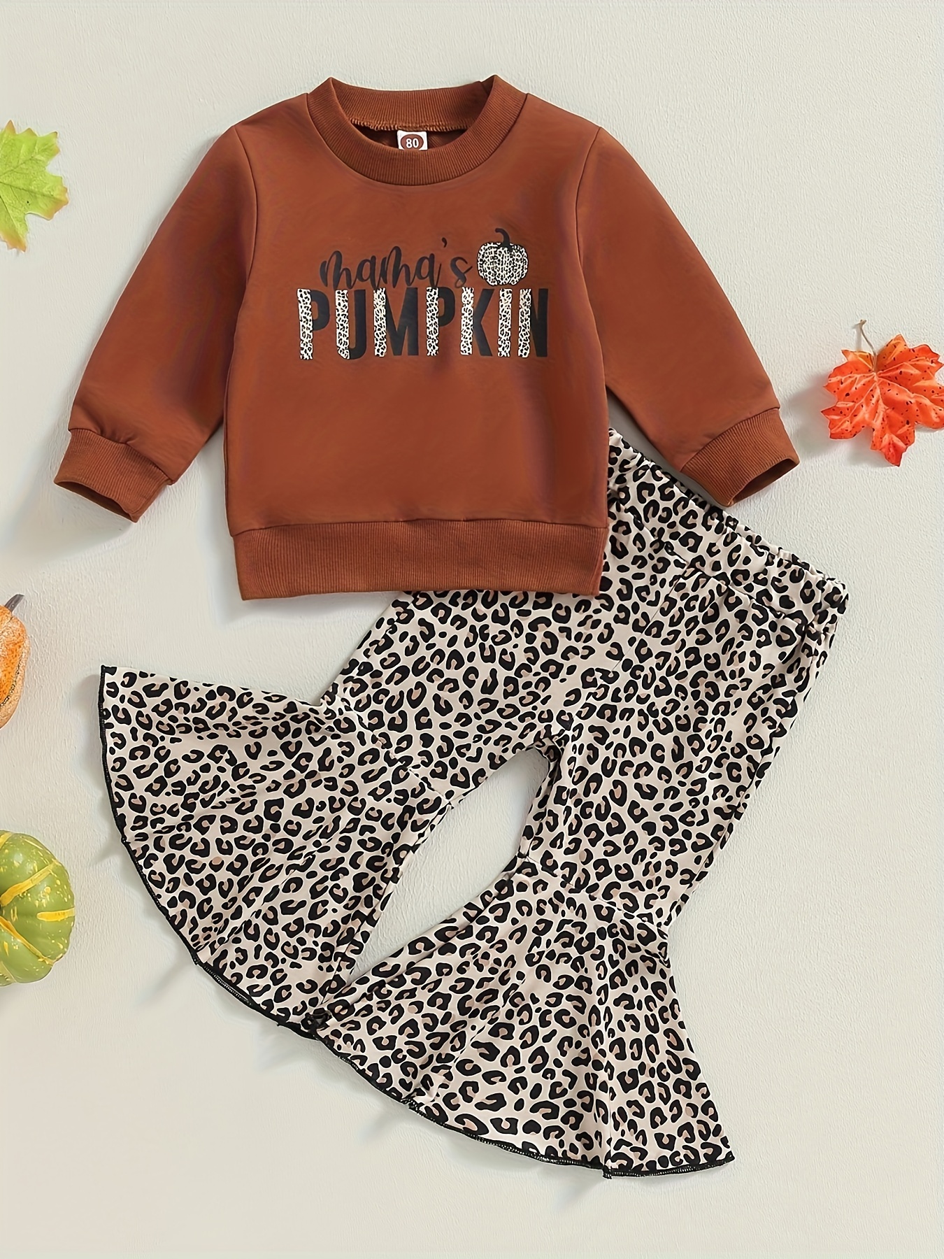 Halloween Girl Print Pullover + Pumpkin Graphic Flare Pants - Temu