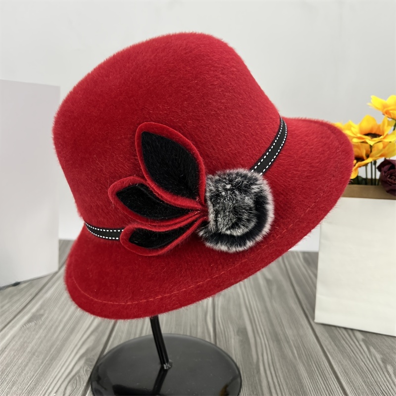 

Trendy Elegant Pompom Decor Solid Color Bucket Hat, Casual Windproof Thermal Fall Winter Warm Fisherman Hat, Christmas Gift
