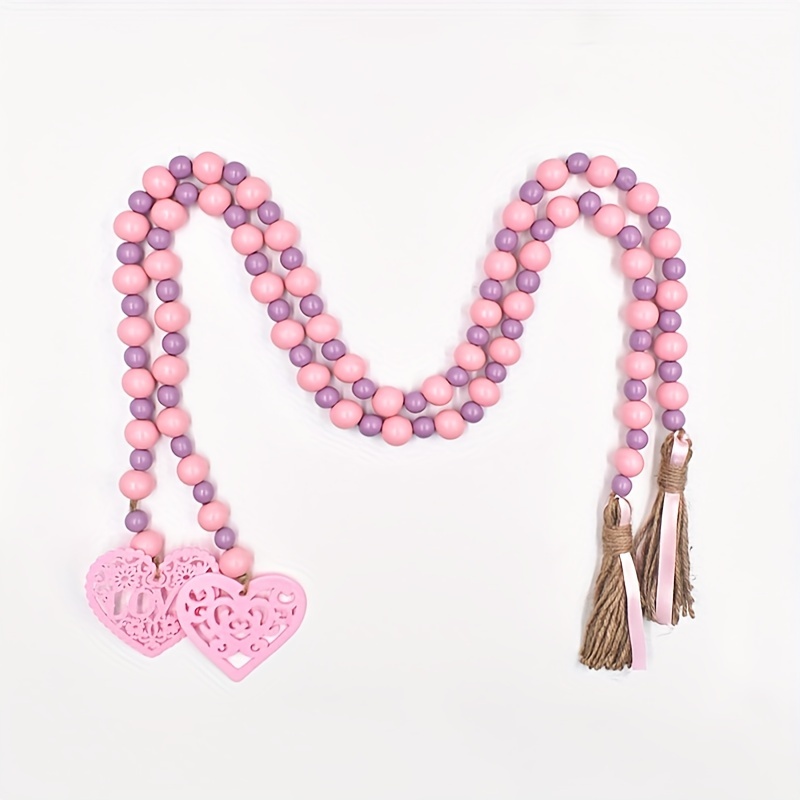 Valentine's Day Wood Beads Wall Hanging Heart Tassel Garland 