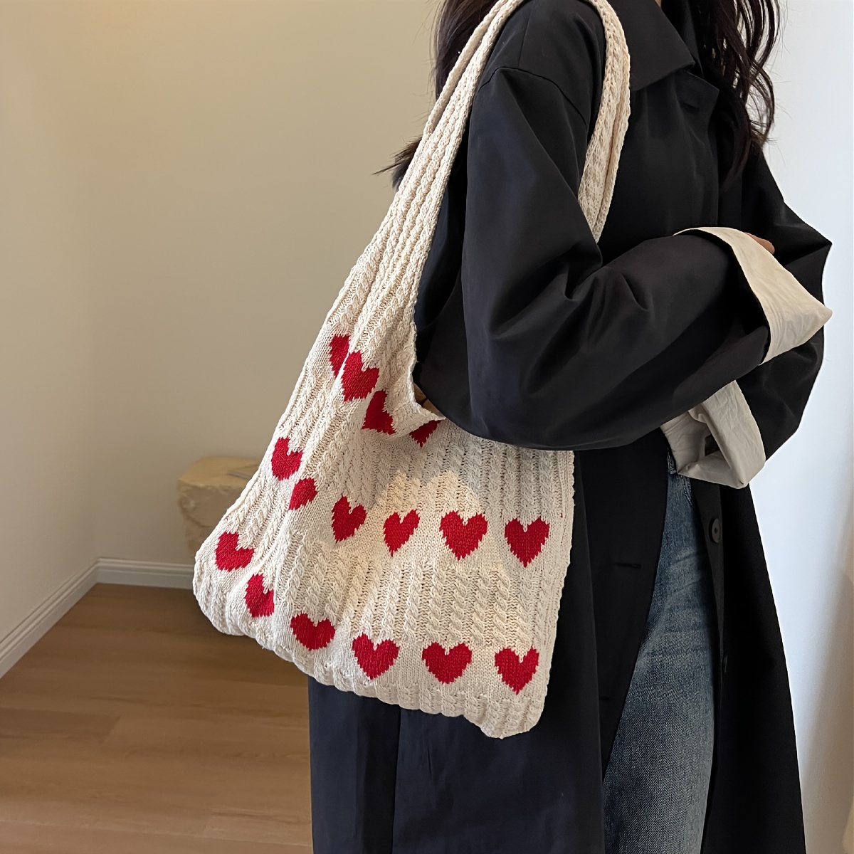 ◆KINDERSALMON◆ Handmade Knitted Tote Black Cloud Commuter Tote Bag in Black Sesame – shopdous