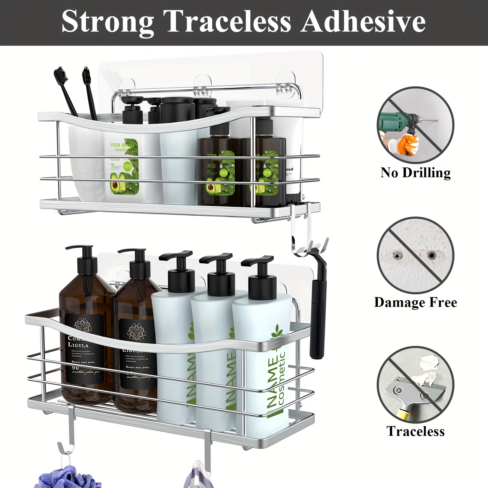 Stainless Steel Shower Gel Hanging Holder Self-Adhesive Shampoo