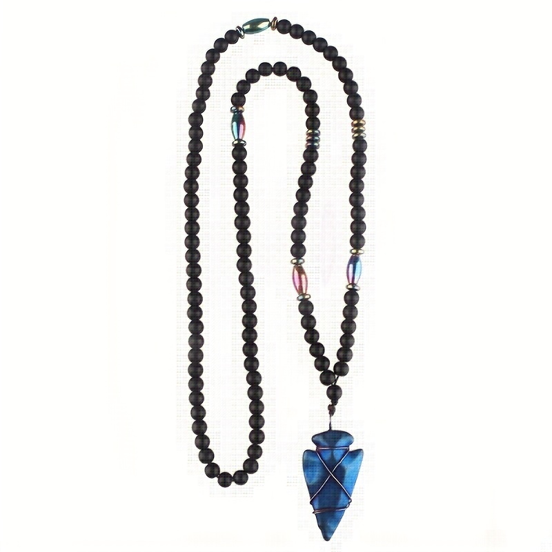 Matte Agate Round Beads Gallstone Arrow Pendant Necklace for Men