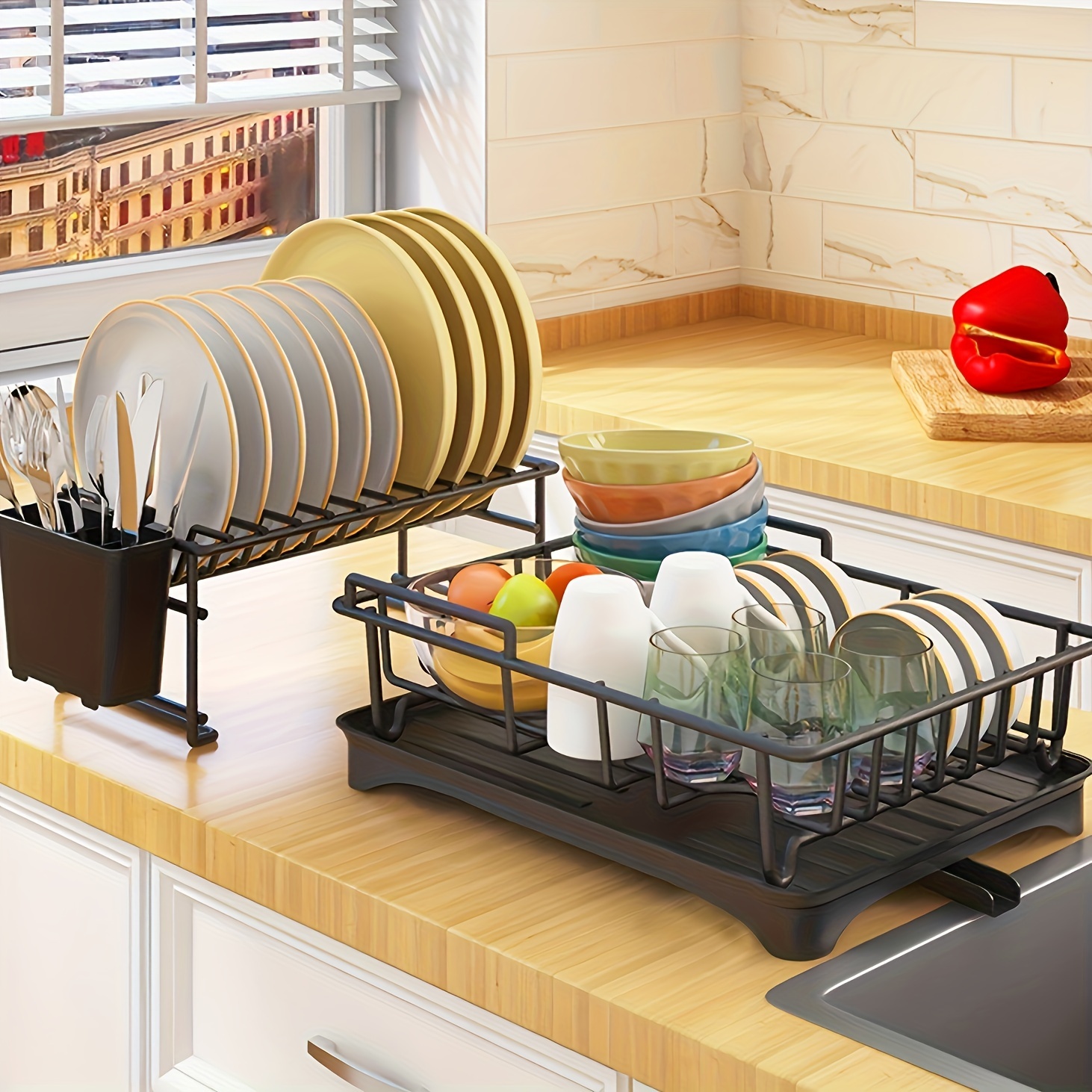 Dish Rack with Utensil Holder for Kitchen Countertop, Large