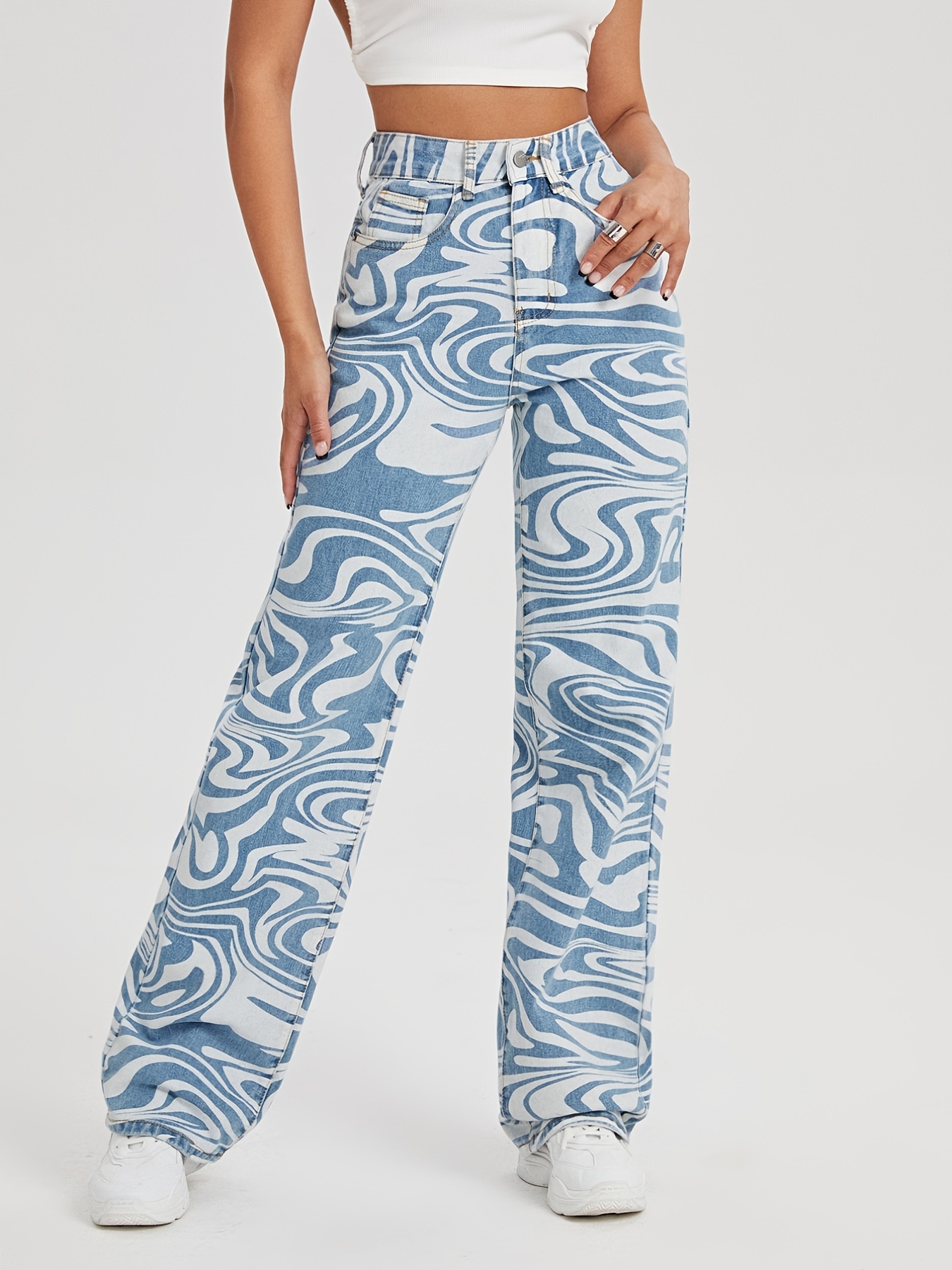 Wavy Striped Print Straight Jeans Slash Pockets High Waist - Temu Australia