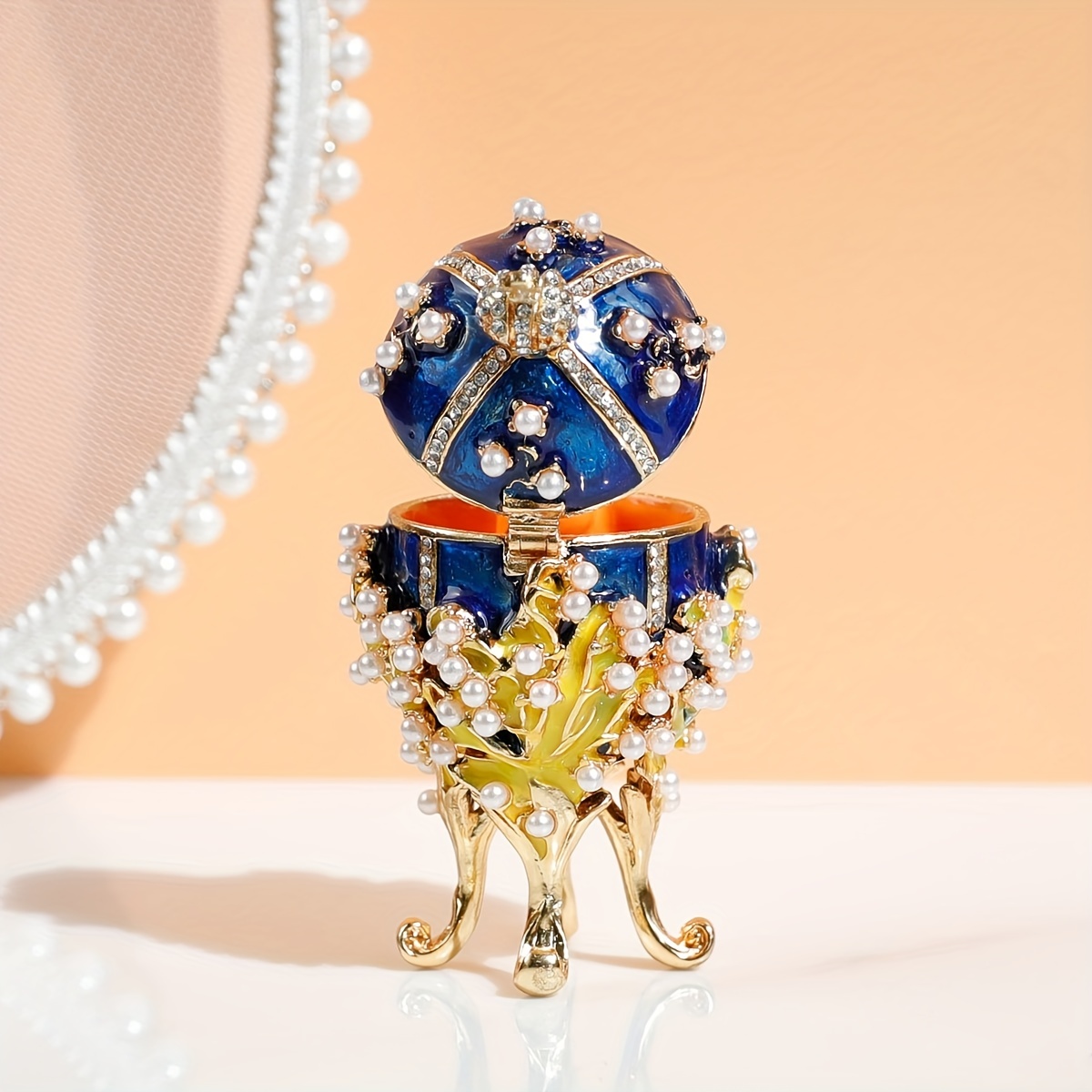 Hand Painted Enameled Egg Shape Box, Unique Trinket Box