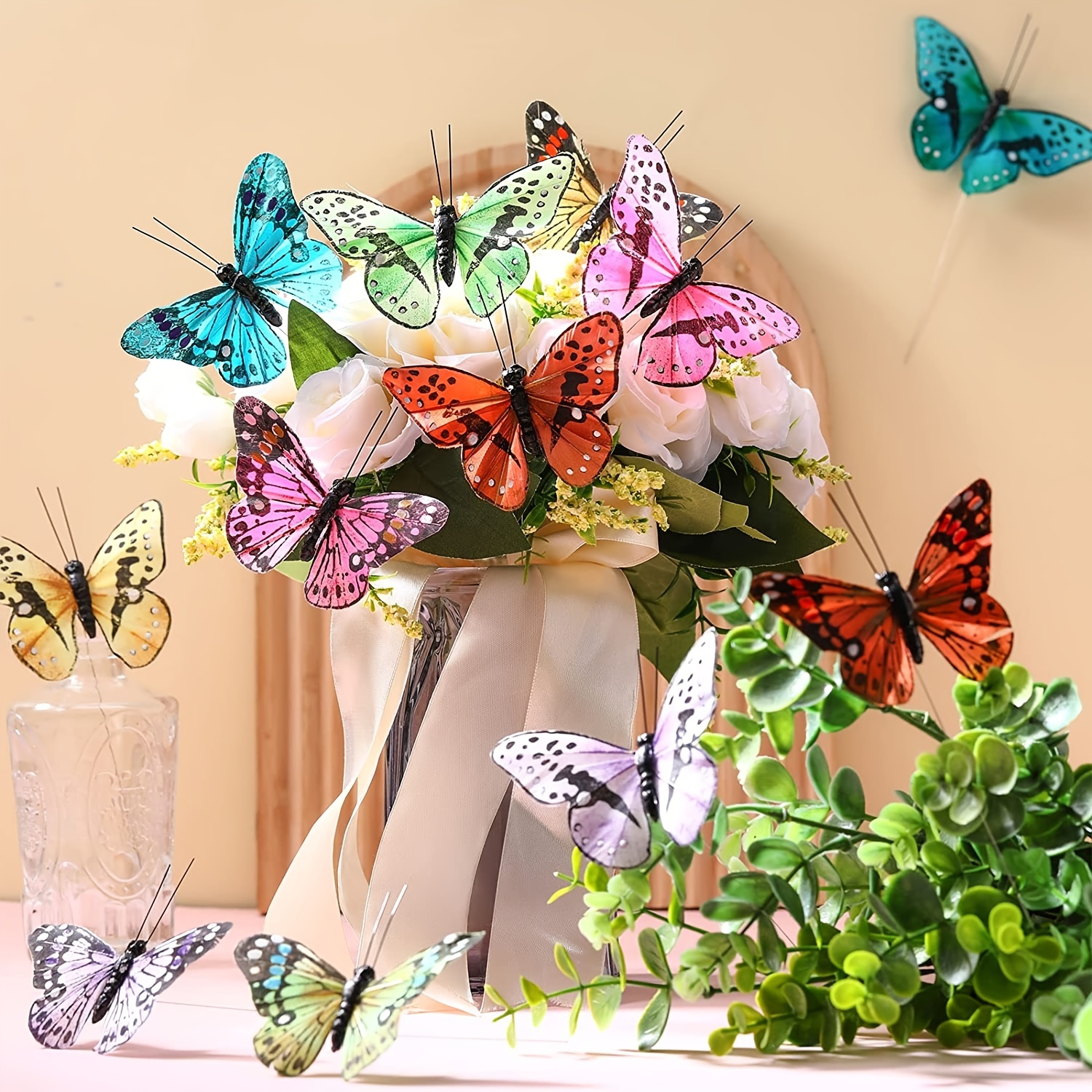 Juego de 12 mariposas de plumas monarca con purpurina en alambre para  arreglos florales y decoraciones de bricolaje (rubor/dorado)