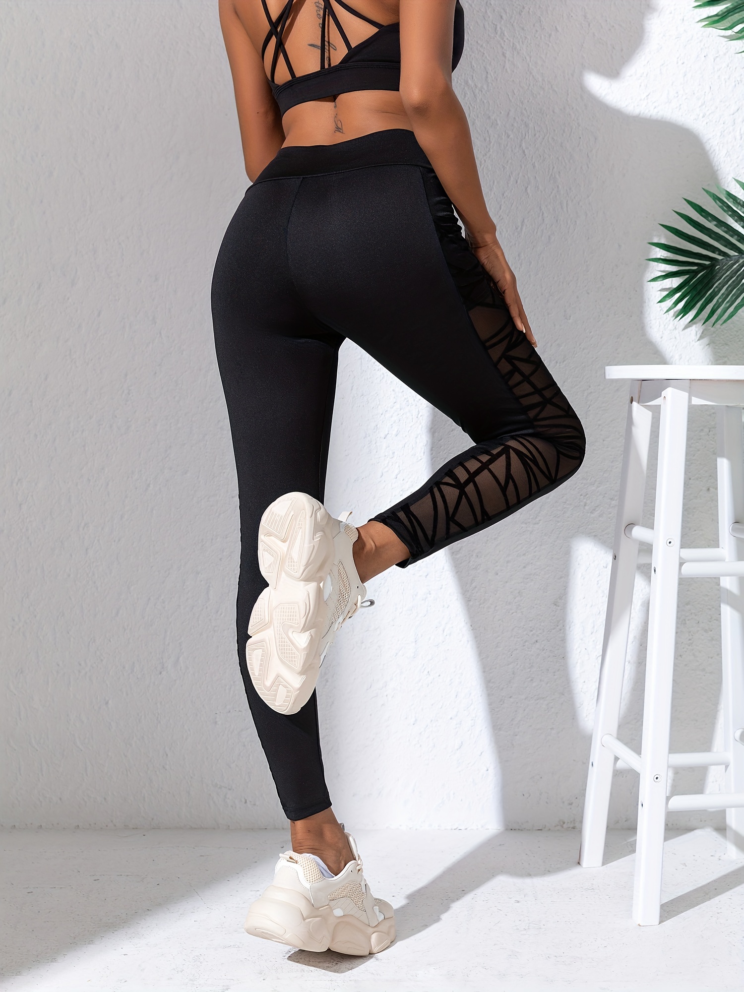 Leggings Yoga Costuras Malla Negra Pantalones Deportivos - Temu