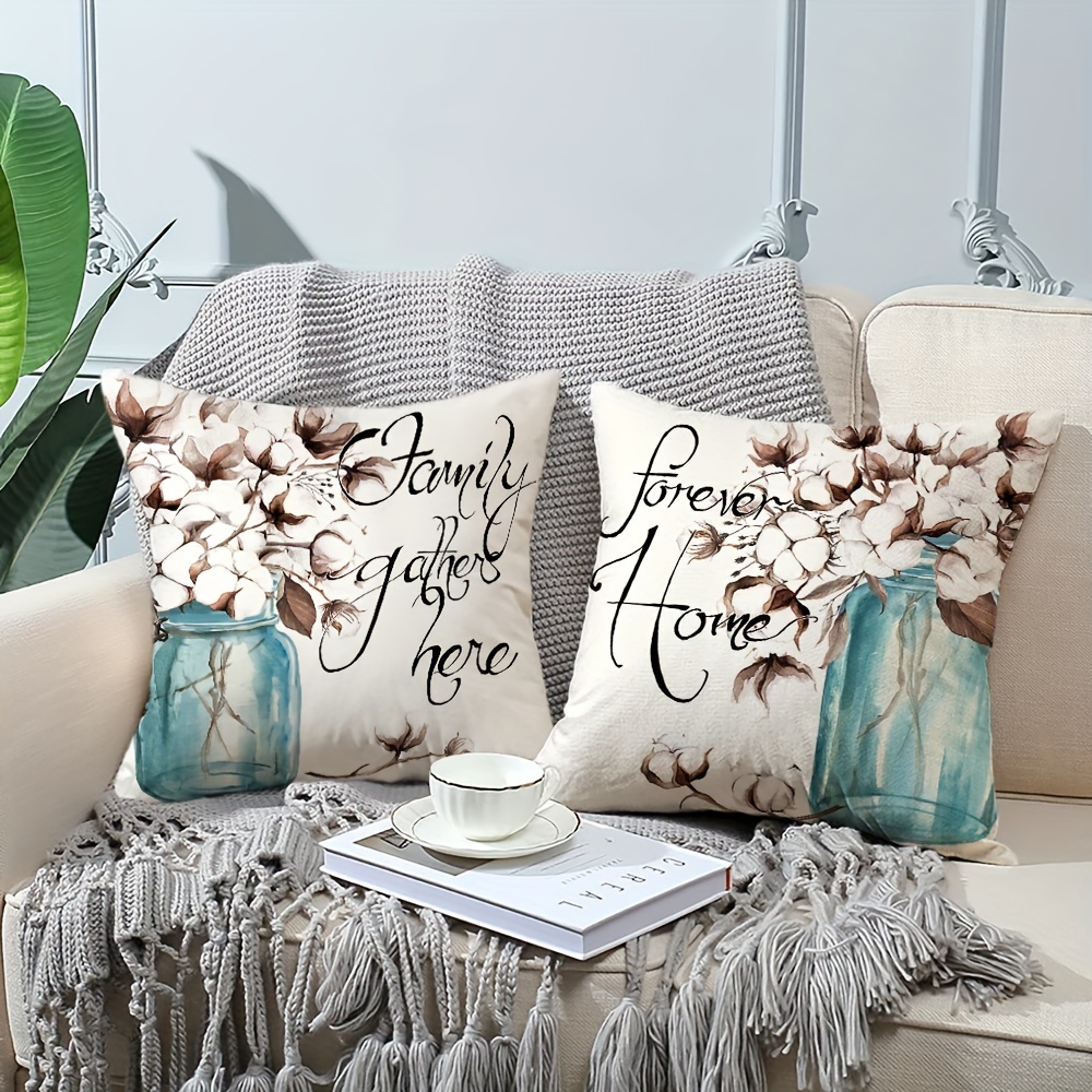 4pcs mason jar with cotton floral throw pillow covers 18 18inch vintage farmhouse family decorative cushion cases sunflower and lavender pillowcases for porch patio couch sofa living room outdoor without pillow inserts details 3