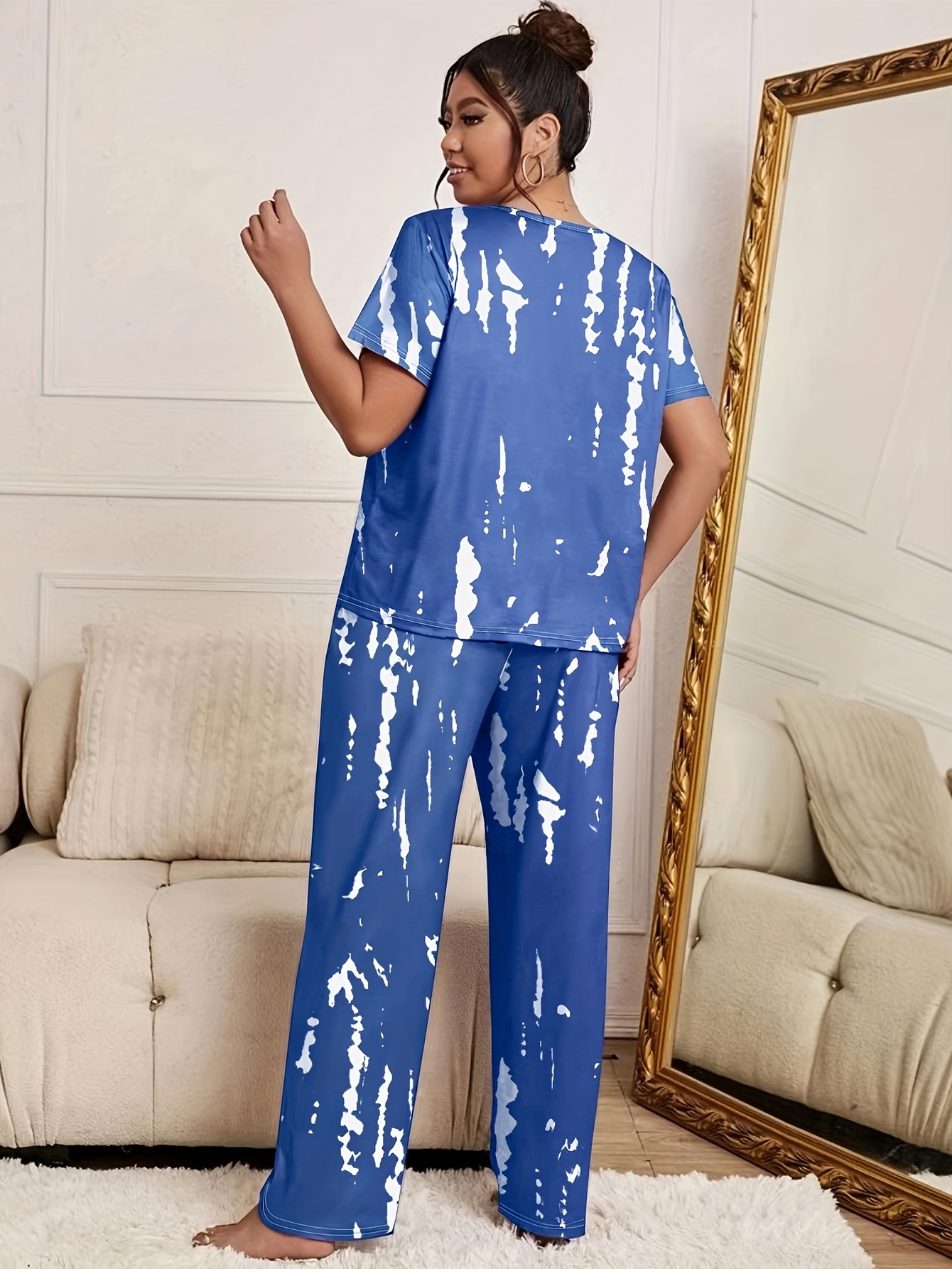 Women's Plus Size Short Sleeve Top And Pants Pajama Set White/blue