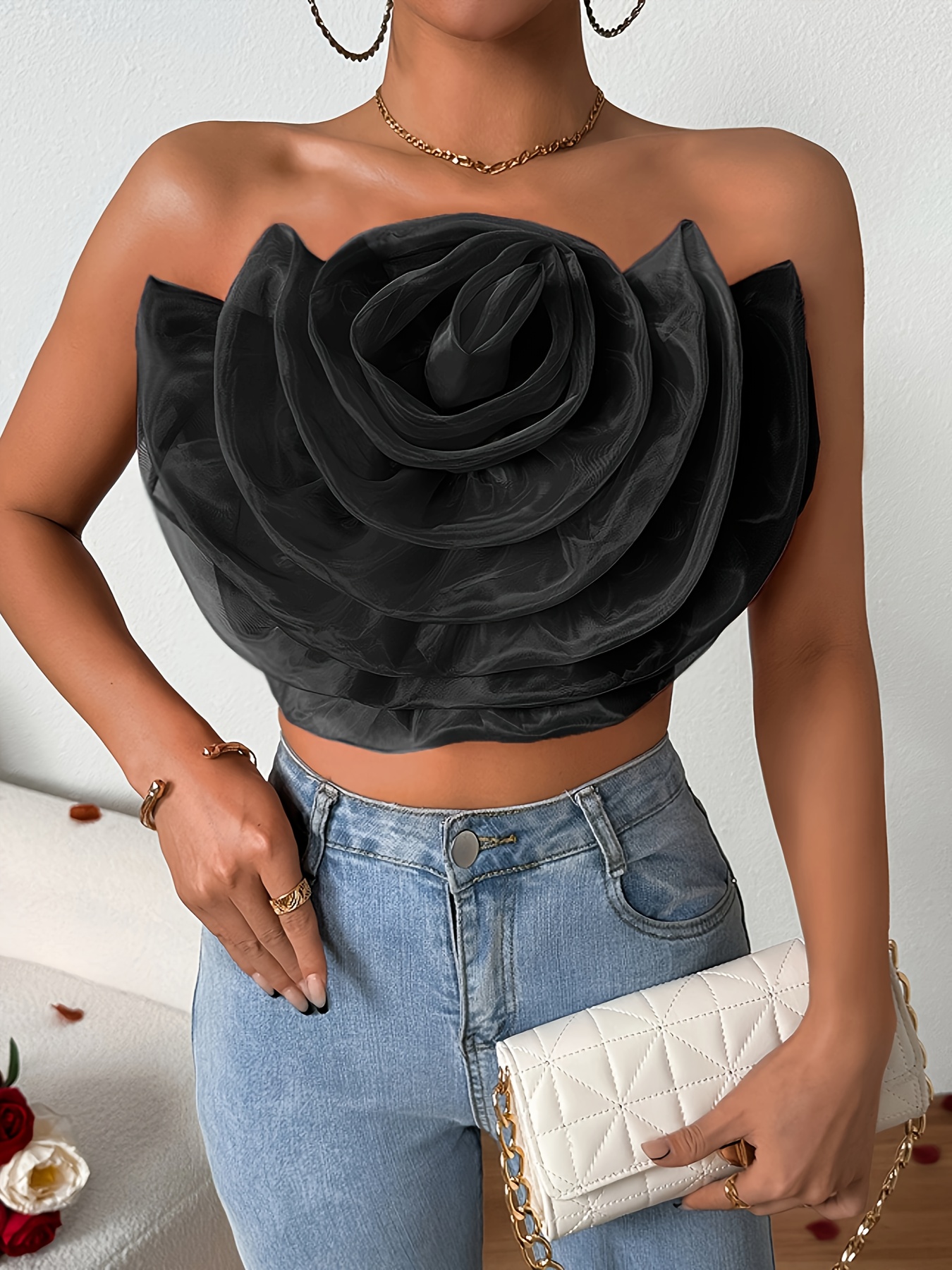 Black Floral Print Top - Strapless Crop Top - Tube Top - Tank Top