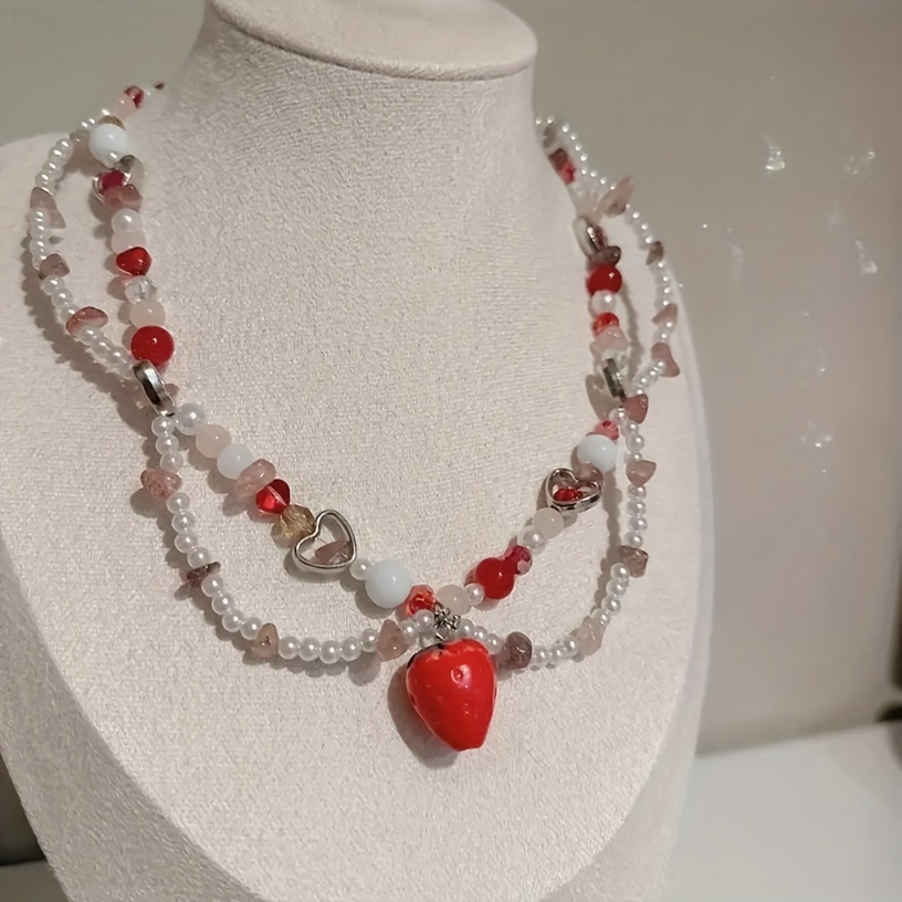 Boutique Jewelry | Brand New Chinese Style Coquette Glass Pearl Beaded Necklace with Strawberries | Color: Red/White | Size: Os | Doreenjin's Closet