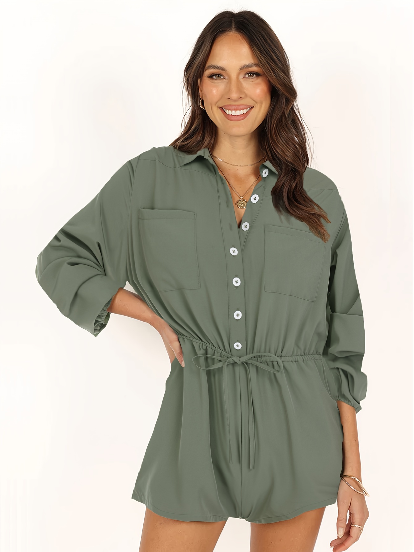 Button Front Solid Romper Jumpsuit Casual Long Sleeve Turn - Temu