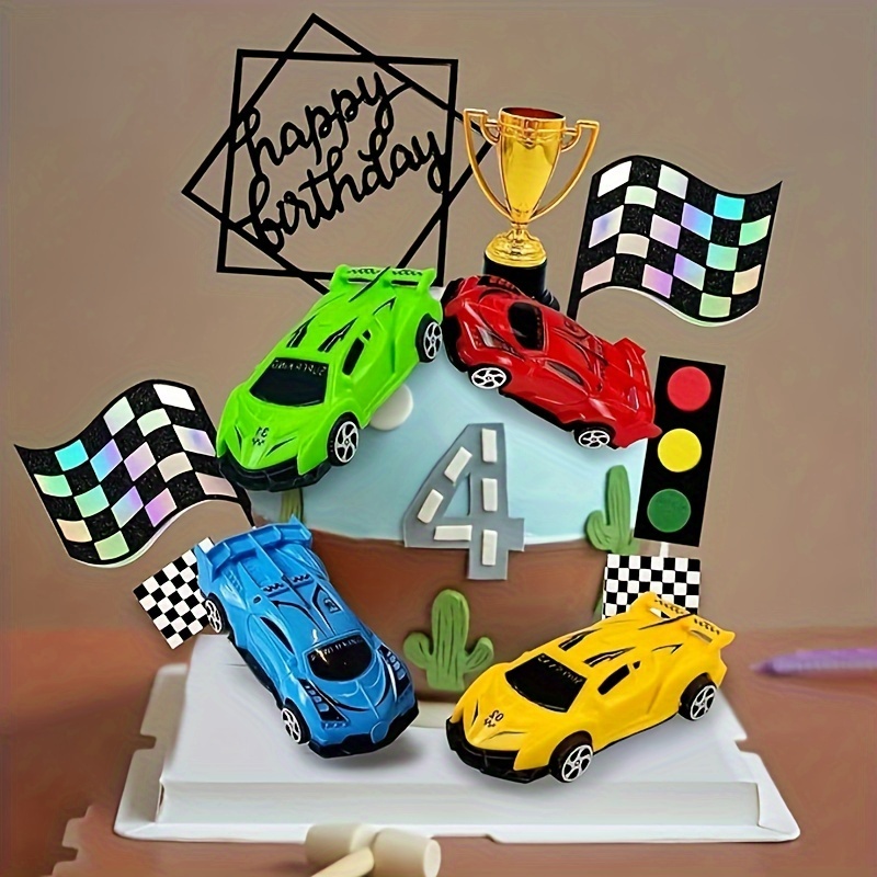 Cake Decoration Set Cars Lightning Mcqueen With Car Flags and Candle for  His Birthday 