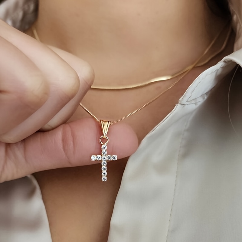 1pc Fashionable Stainless Steel Double Layer Chain Cross Pendant Necklace