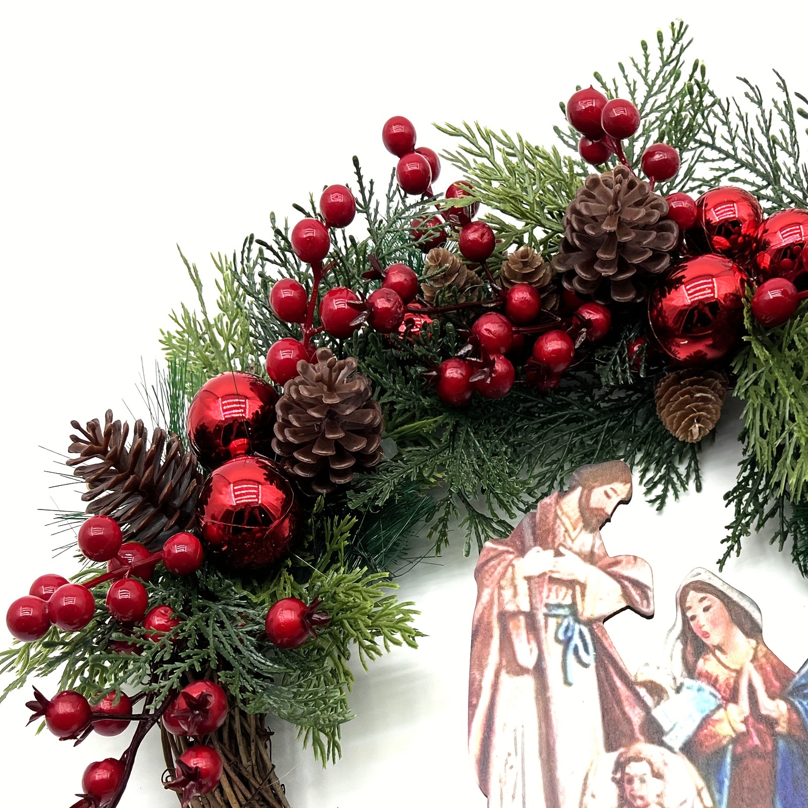 Christmas Wreath for Front Door Indoor Christmas Decorations,Red Christmas  Garland with Pine Cones and Berries,The Virgin Mary Jesus Christ Nativity