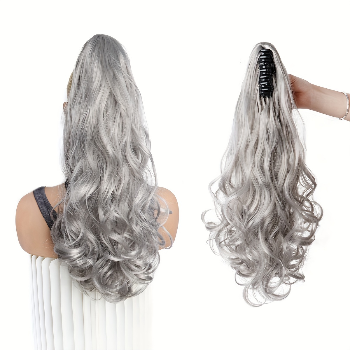 Image of Elegant Women's Gray Ombre Long Curly Claw Clip Ponytail Extension - High-quality Synthetic Hairpiece With Natural-looking Waves, Hair Accessories