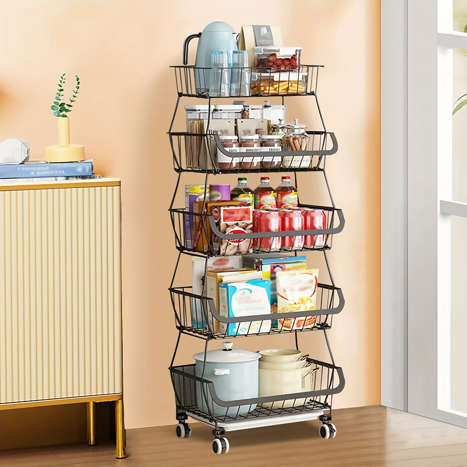 Fruit Vegetable Storage Basket With Wheels Kitchen Storage Rack 6-Tier  Fruit Vegetable Stackable Floor-Standing Movable Organizer Household  Storage