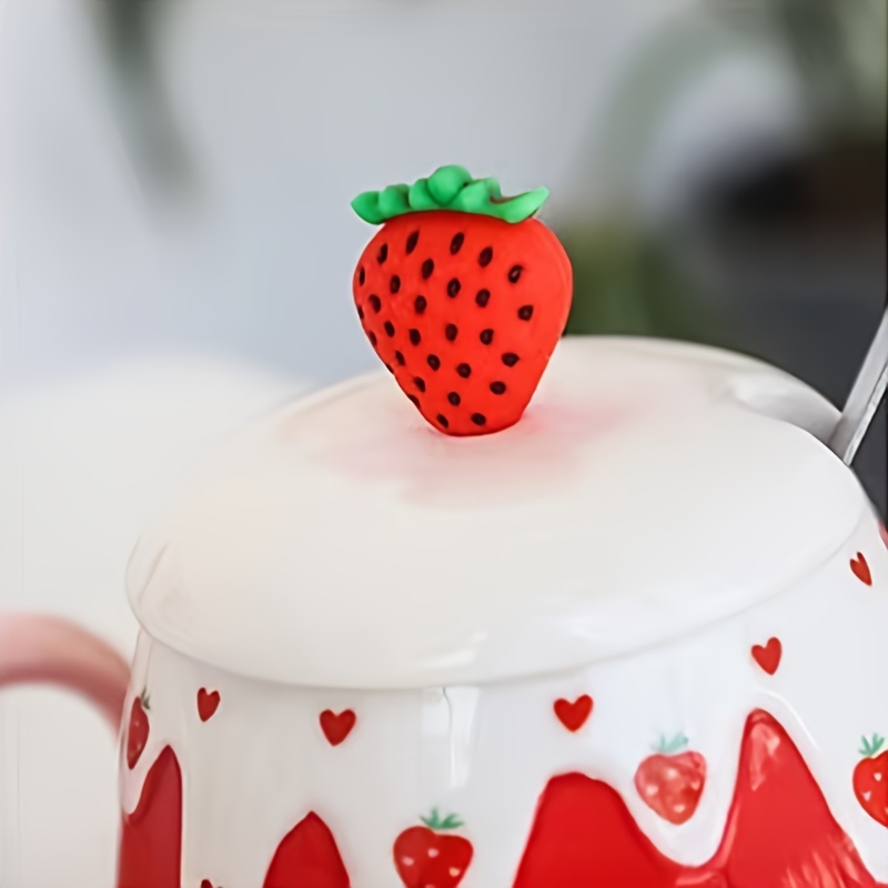 Cute Embossed Strawberry Ceramic Cup With Lid Spoon Water - Temu